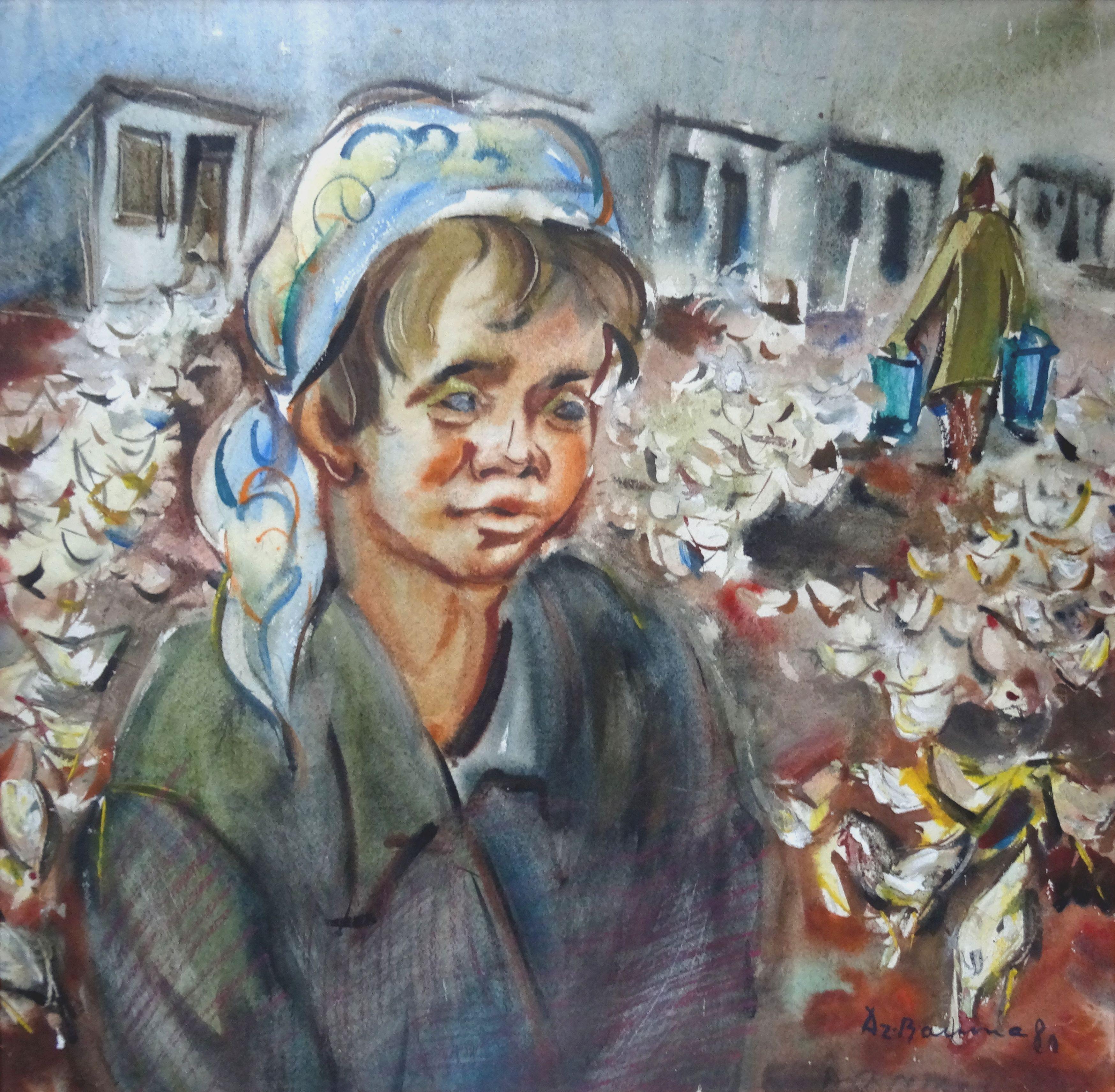 Dzidra Bauma Portrait Painting - Collective farmer. 1980, watercolor on paper, 57, 5x58 cm