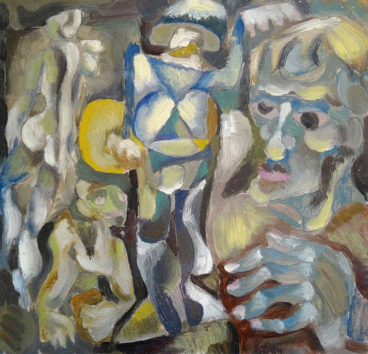 Running. 1967. Double-sided, cardboard, tempera, 37.5x39 cm - Impressionist Painting by Vladimir Glushenkov 