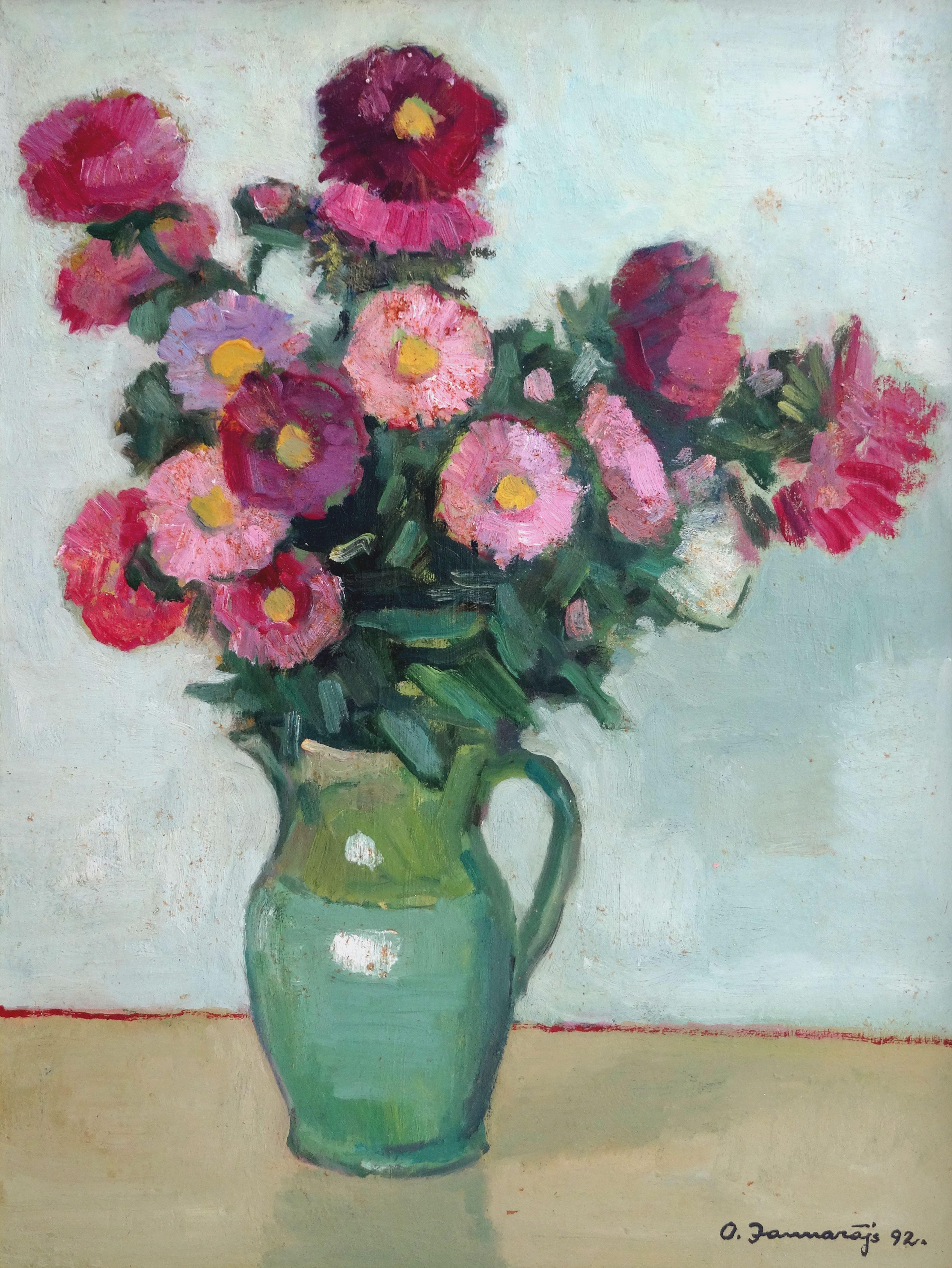 Olgerts Jaunarajs Still-Life Painting - Autumn flowers. 1992, oil on cardboard, 65x50 cm