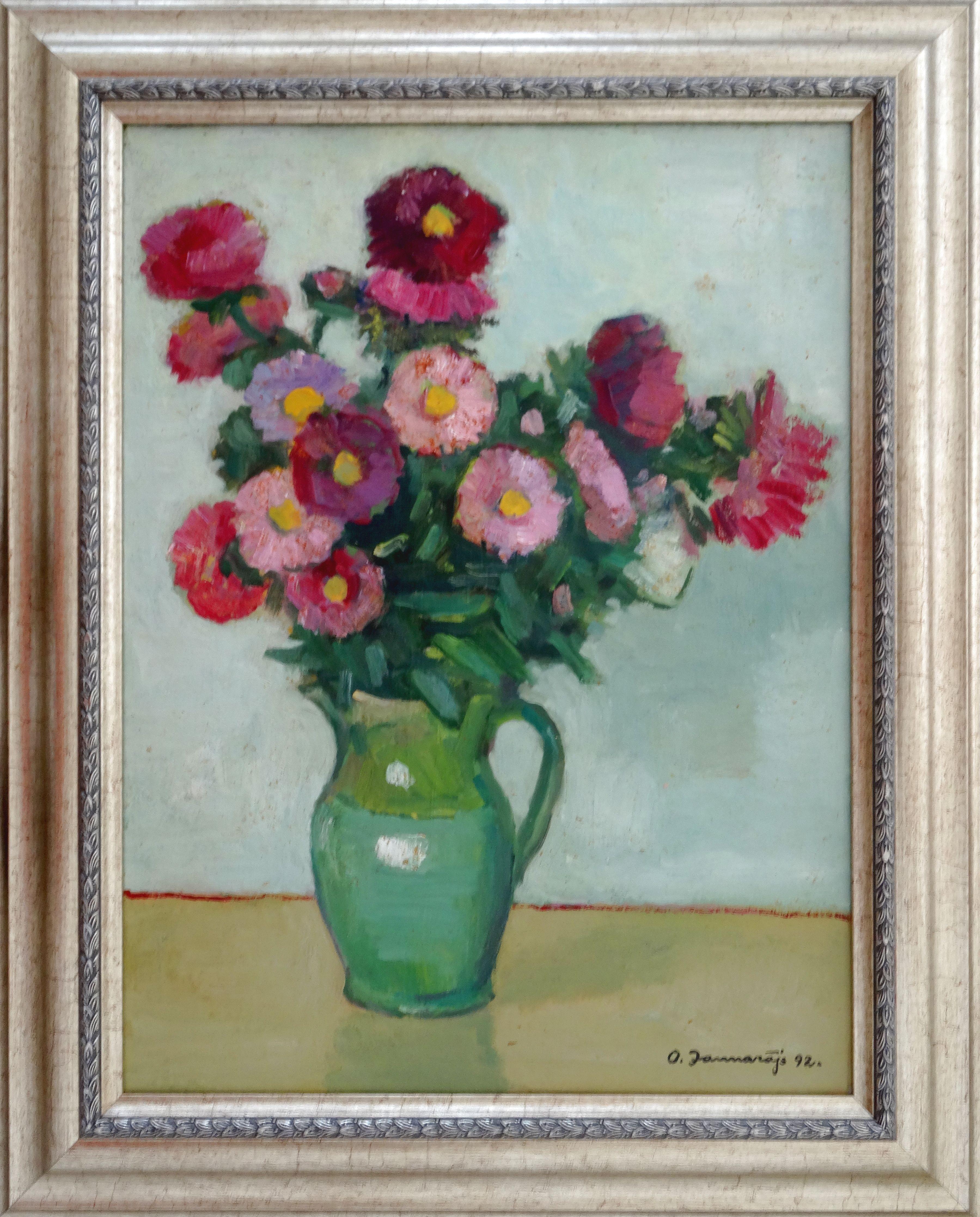 Autumn flowers. 1992, oil on cardboard, 65x50 cm - Painting by Olgerts Jaunarajs