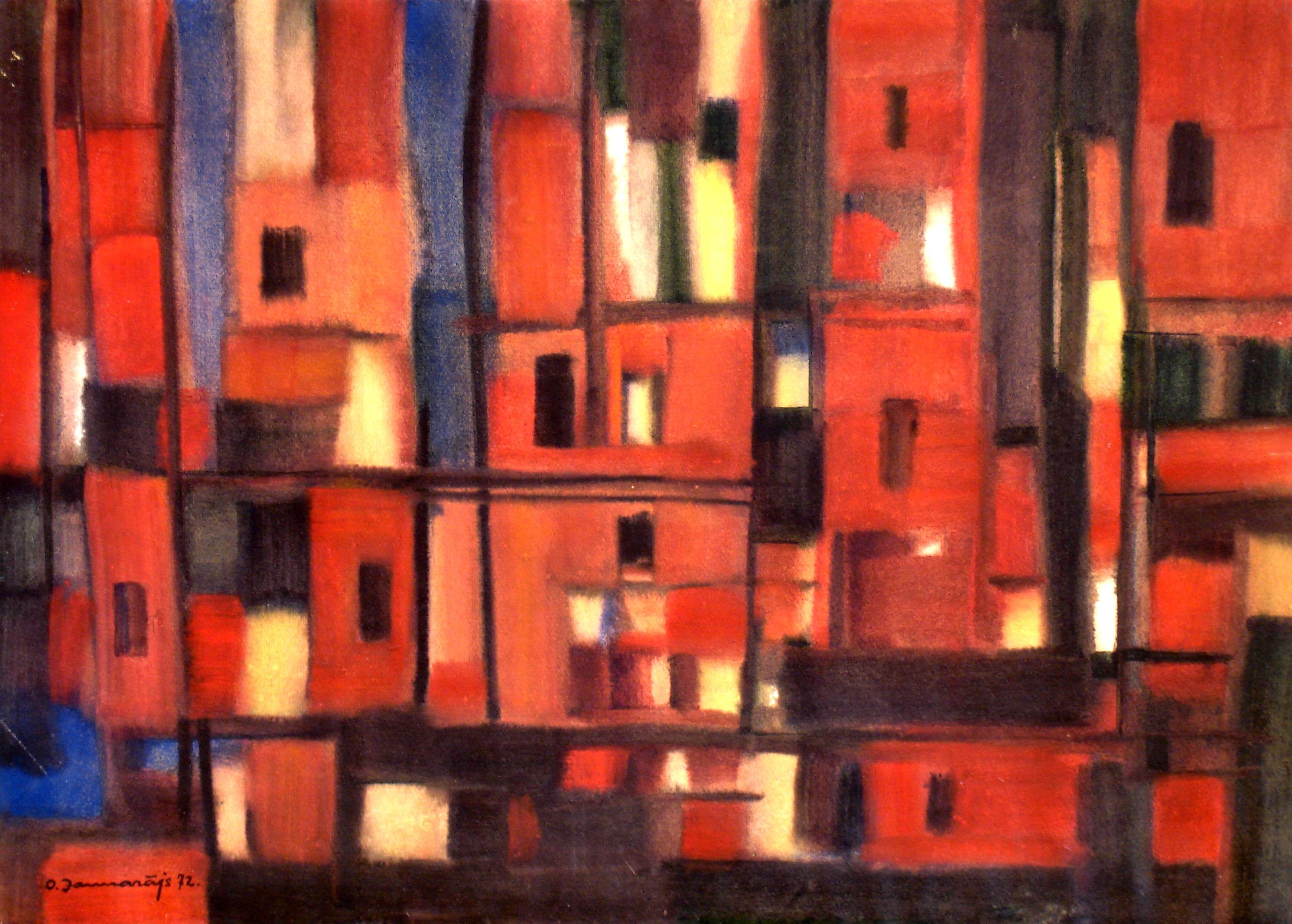 Olgerts Jaunarajs Abstract Painting - Houses of town. 1972, watercolor on paper, 55x75, 5 cm