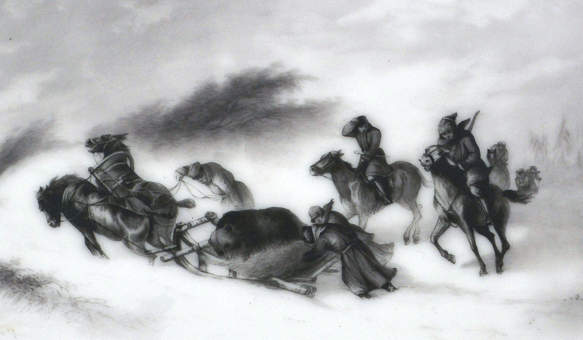 Ovaler Teller. Aus der Jagd auf einen Bären. 19. Jahrhundert. Das Porzellan ist 4,5 x 39,5 x 26 cm groß (Realismus), Art, von Nikolai Jegorovich Sverchkov