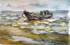 Vintage Fishing boat. 1980. Paper, watercolor, 36.5x55 cm