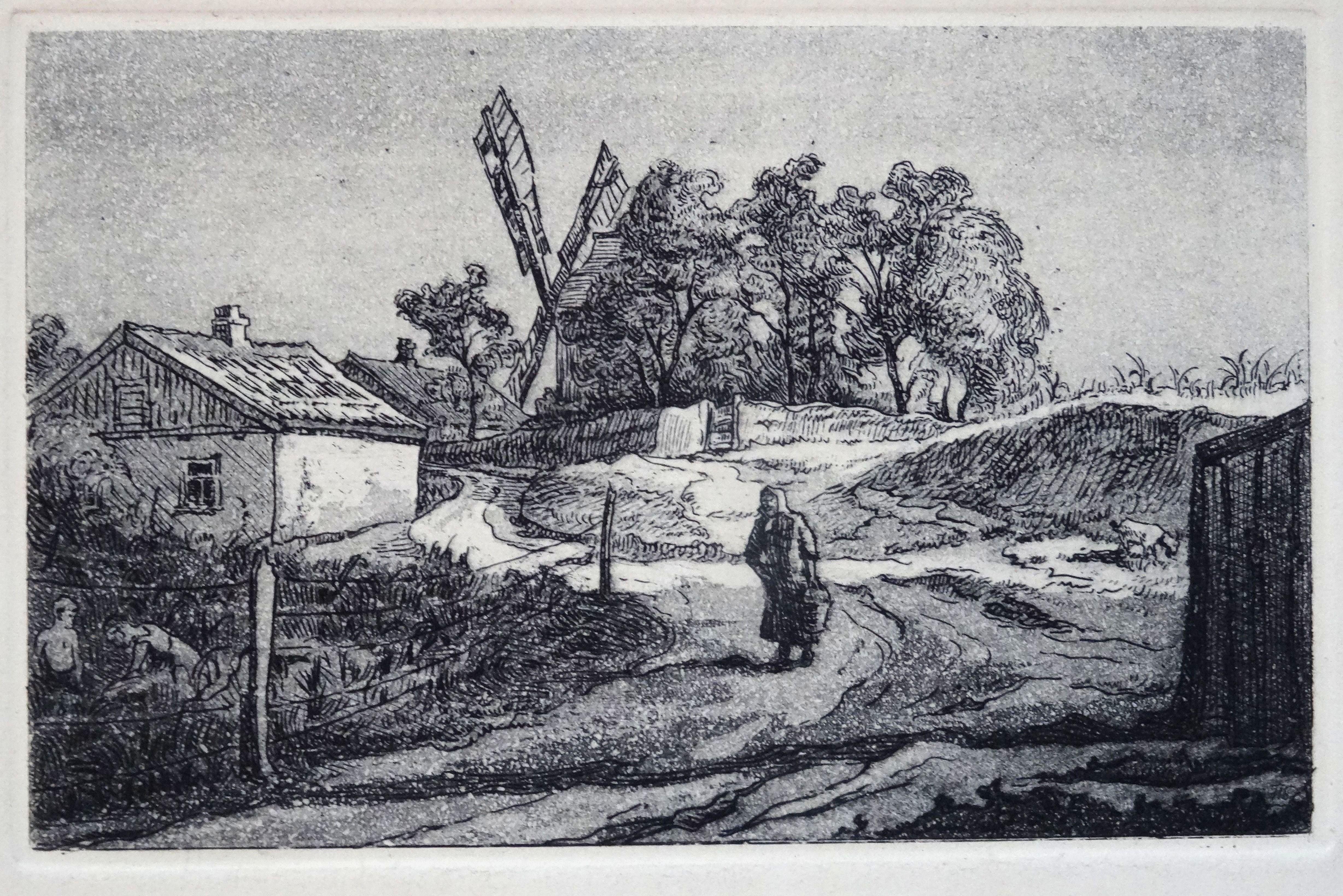 Piotr Petrovich Belousov Landscape Print - The road from the mill. 1975 Paper, etching, 10x14.5 cm