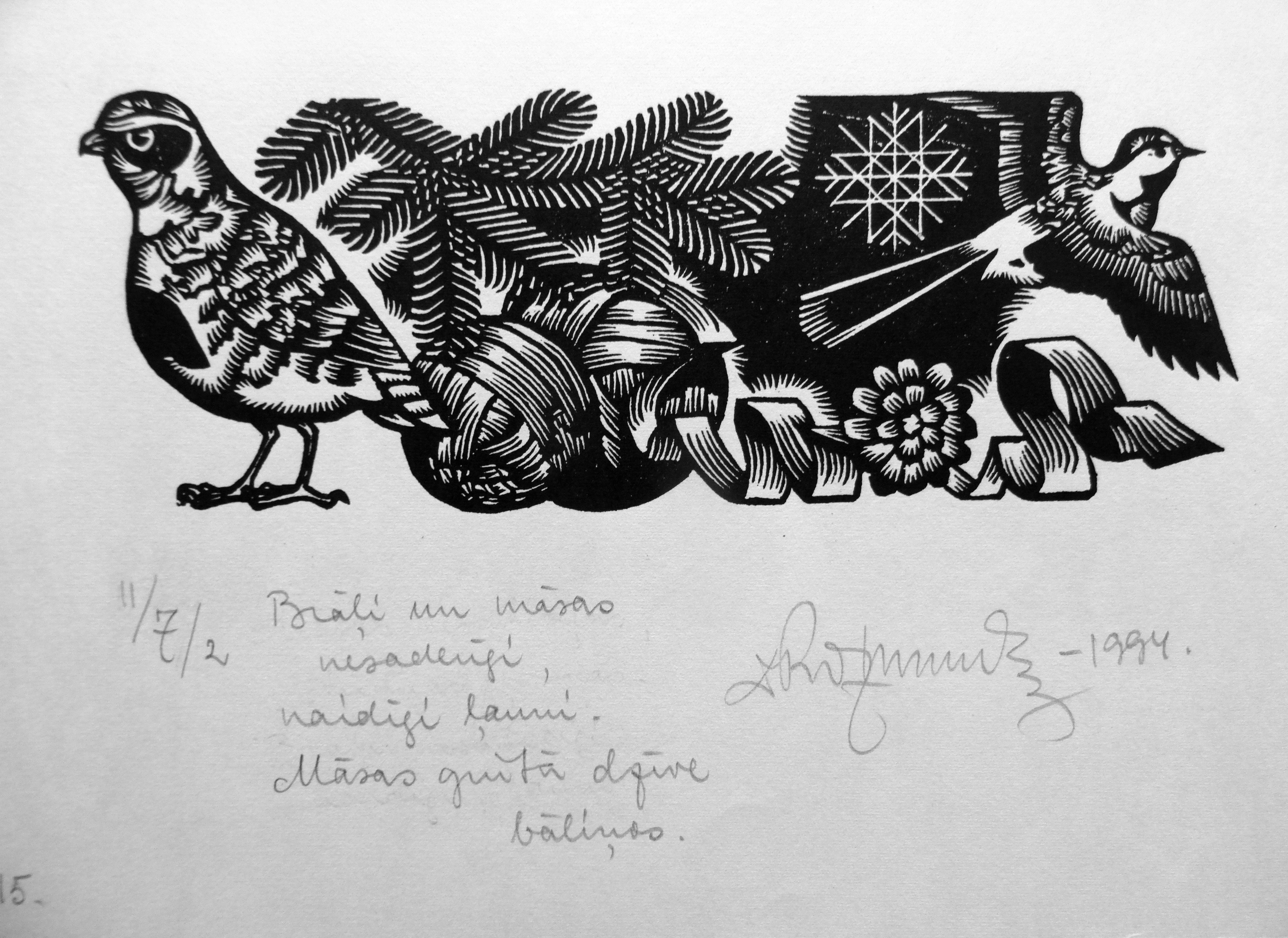 Dainis Rozkalns Animal Print - Latvian folk songs, volume VII, 1994. Paper, linocut, 23, 5x33 cm