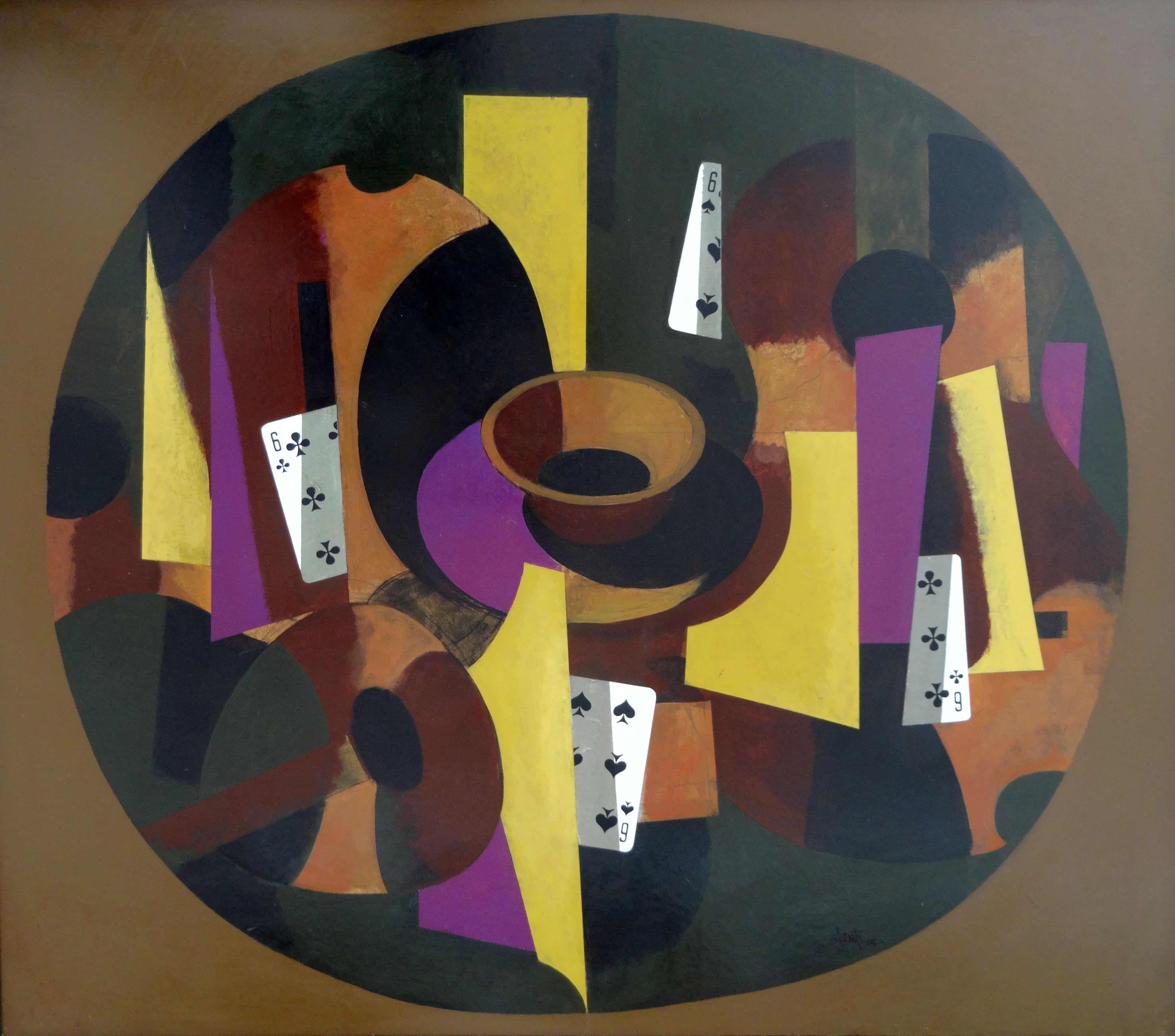 The game II.  2004. Oil, collage on cardboard, 100x115 cm - Painting by Janis Zemitis