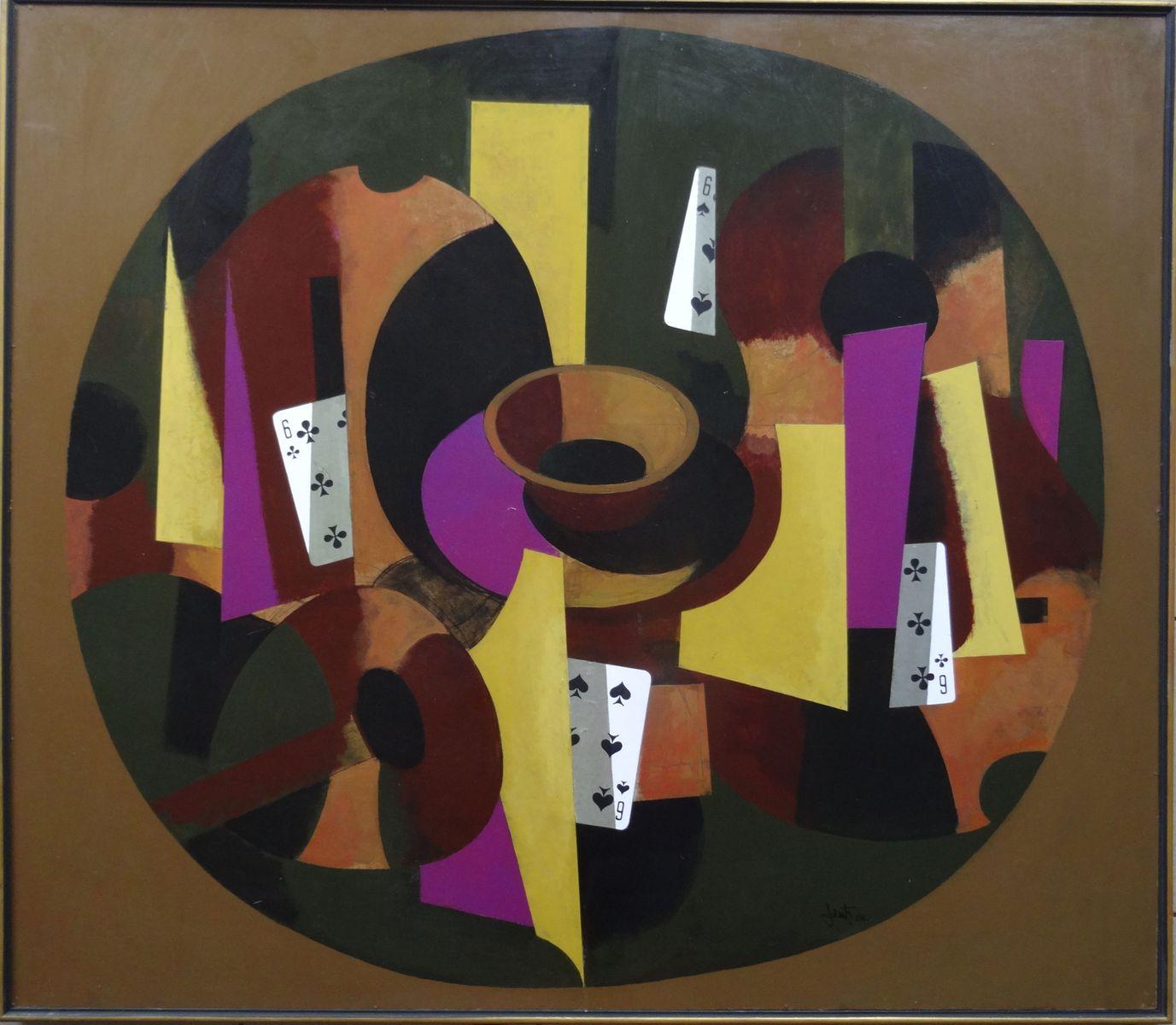 Janis Zemitis Abstract Painting - The game II.  2004. Oil, collage on cardboard, 100x115 cm