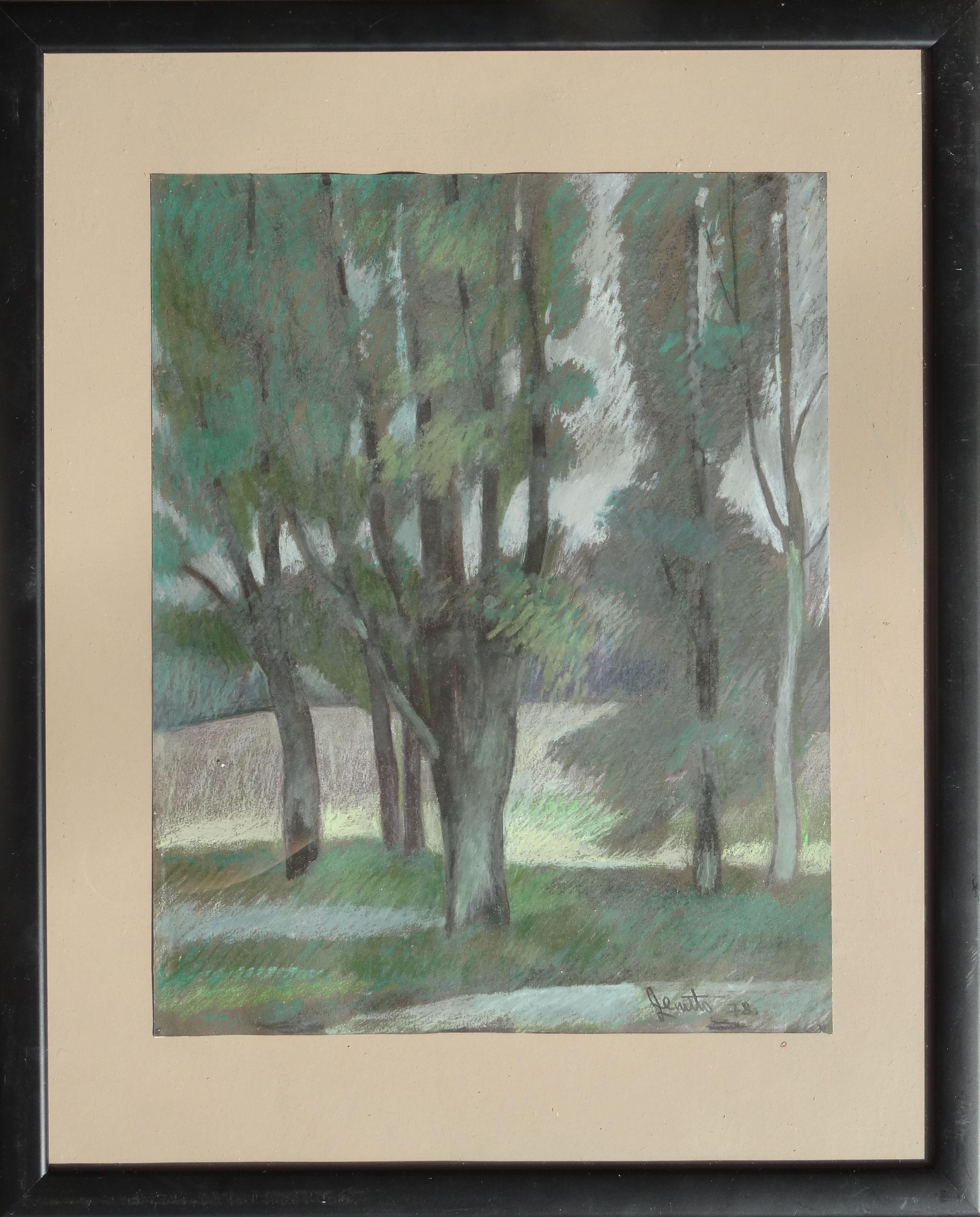Trees in the park. 1978. Paper, pastel, 37.5x29.5 cm - Painting by Janis Zemitis