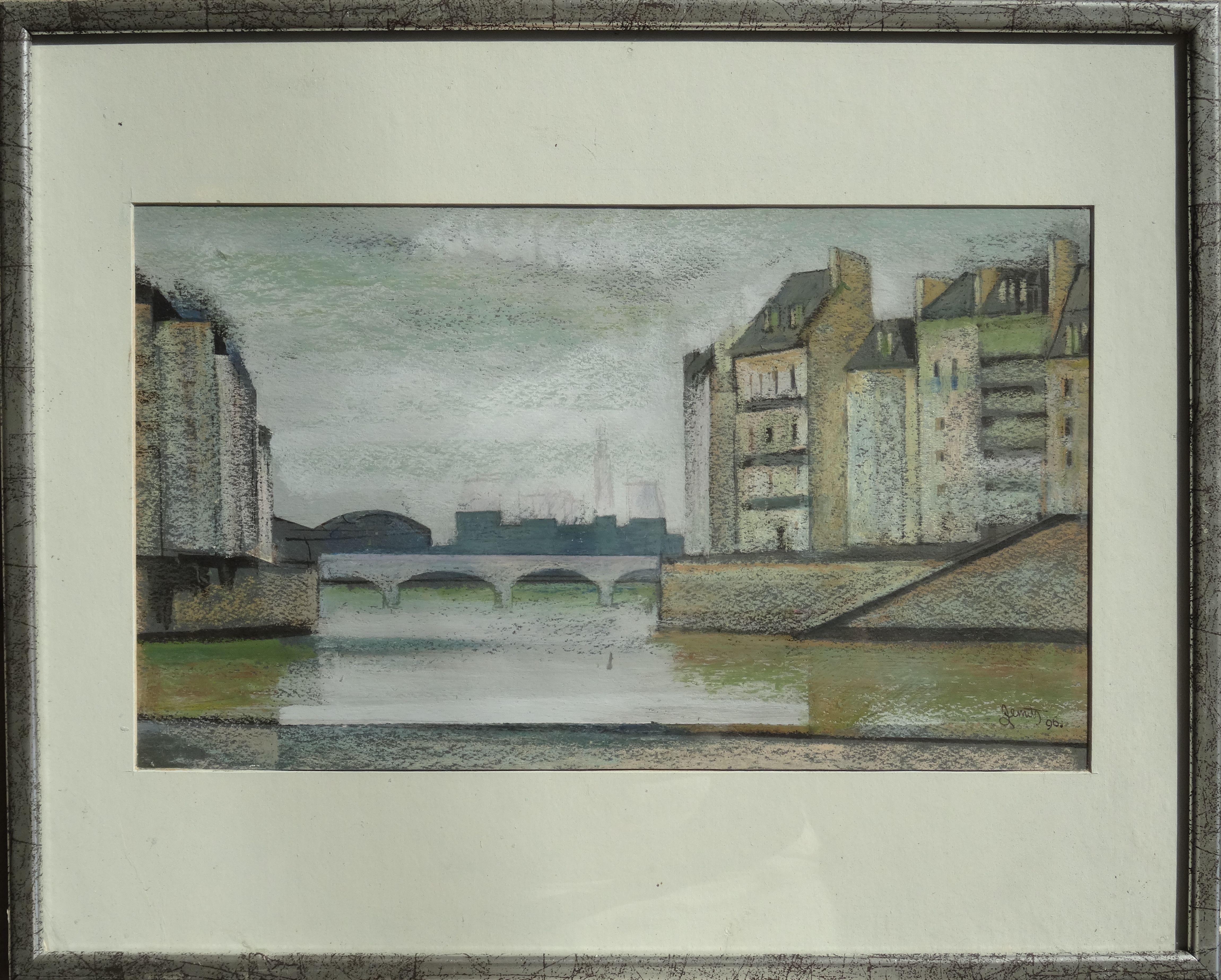 At the Seine. 1996. Paper, pastel, 24x41 cm - Painting by Janis Zemitis