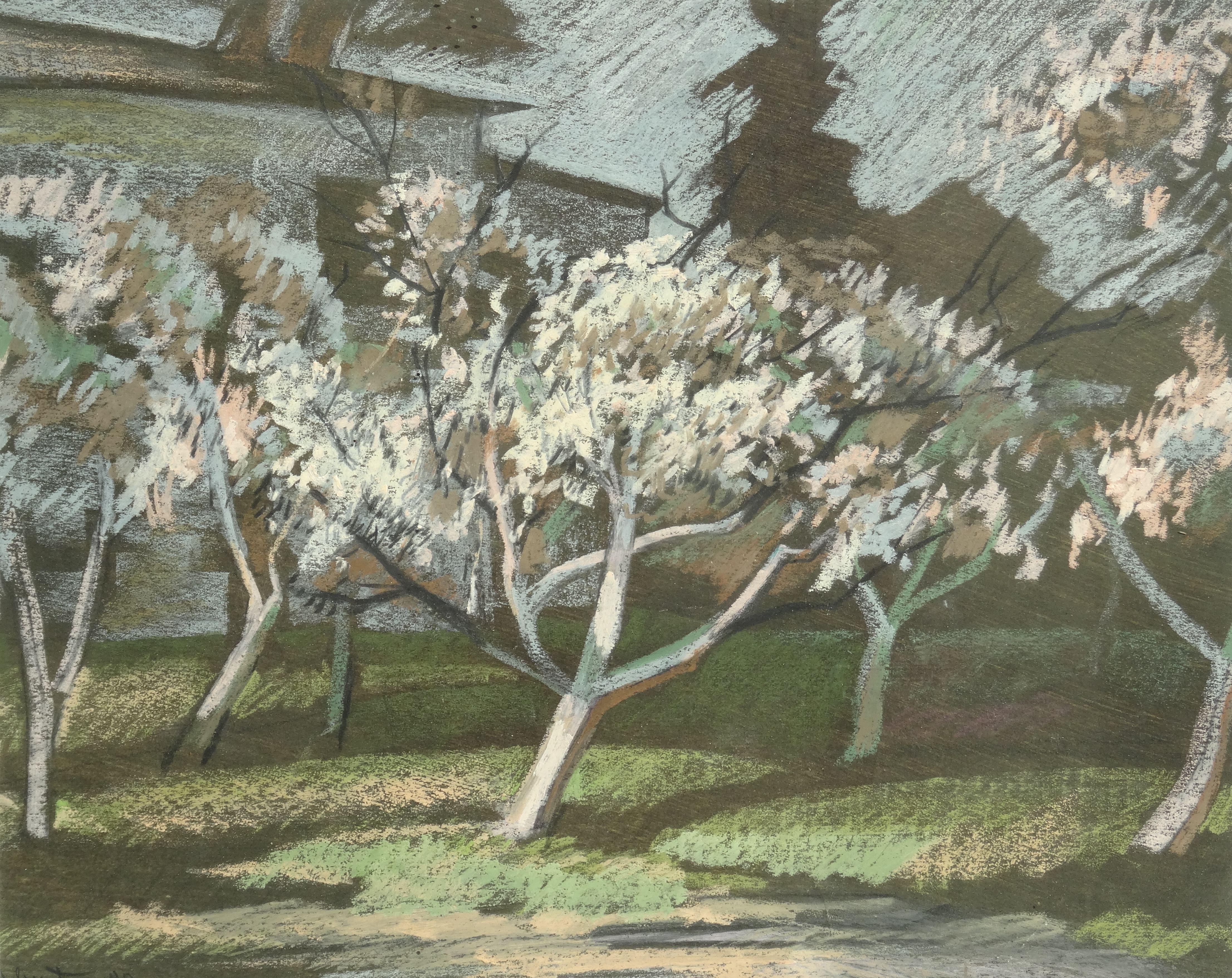 Landscape Painting Janis Zemitis - Pommiers en fleurs. 1980. Pastel sur papier, 28x34, 5 cm