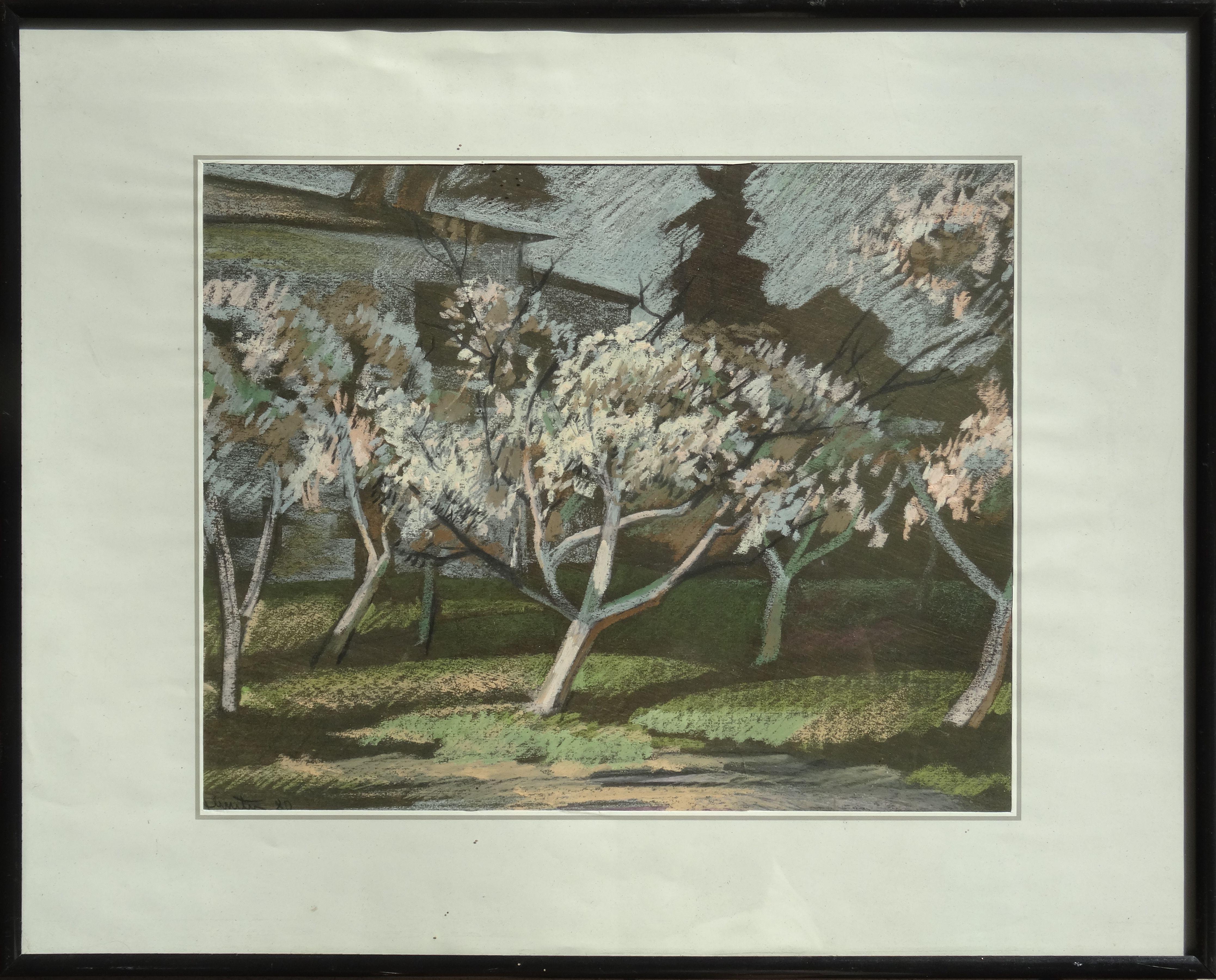Blooming apple trees. 1980. Pastel on paper, 28x34, 5 cm - Painting by Janis Zemitis