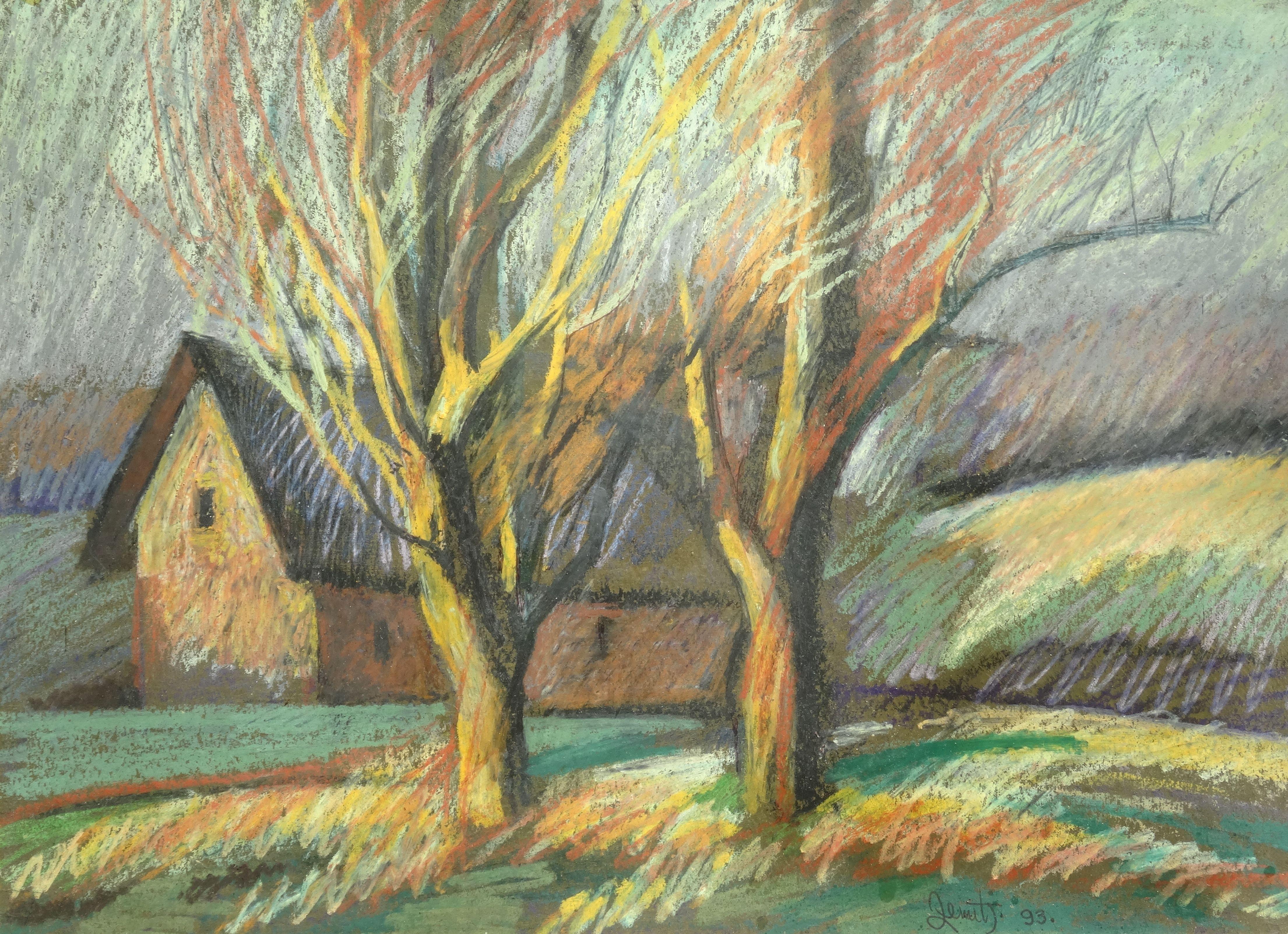 Landscape Painting Janis Zemitis - journée ensoleillée d'automne. 1993. Papier, pastel, 30x40 cm