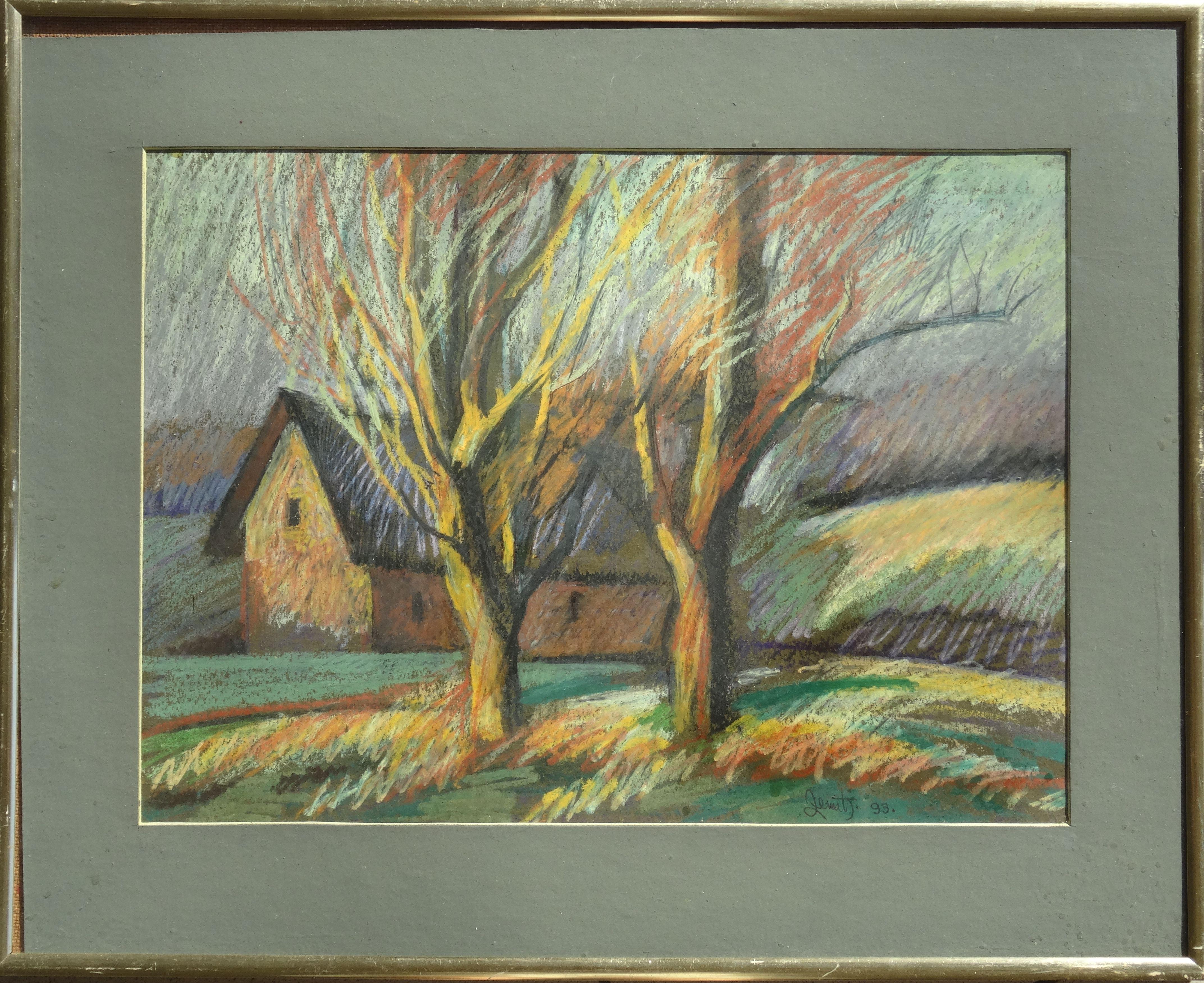 Giornata di sole autunnale. 1993. Carta, pastello, 30x40 cm - Painting di Janis Zemitis