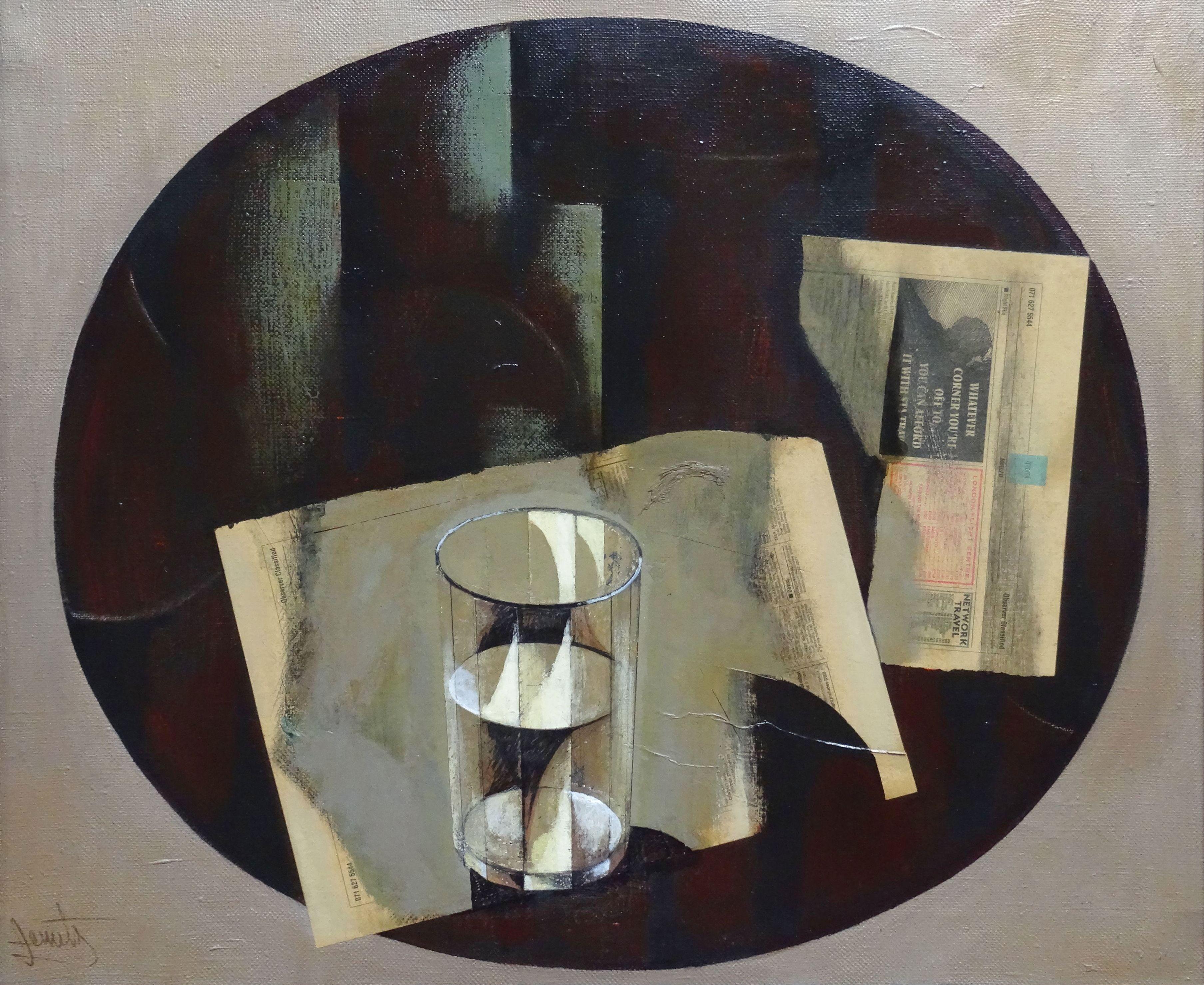 Glass. 1993. Oil, collage on canvas, 57x69 cm - Painting by Janis Zemitis