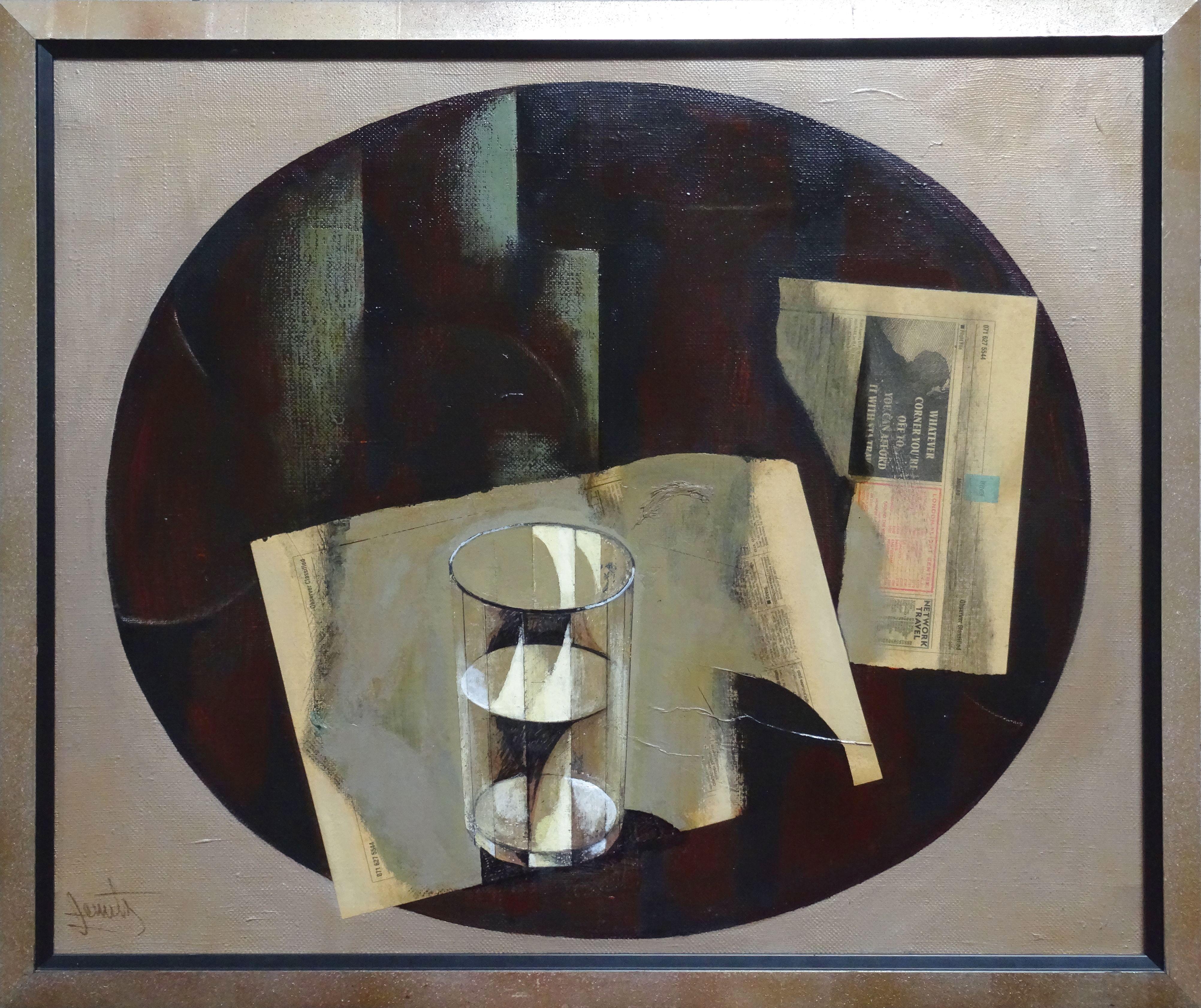 Janis Zemitis Abstract Painting - Glass. 1993. Oil, collage on canvas, 57x69 cm