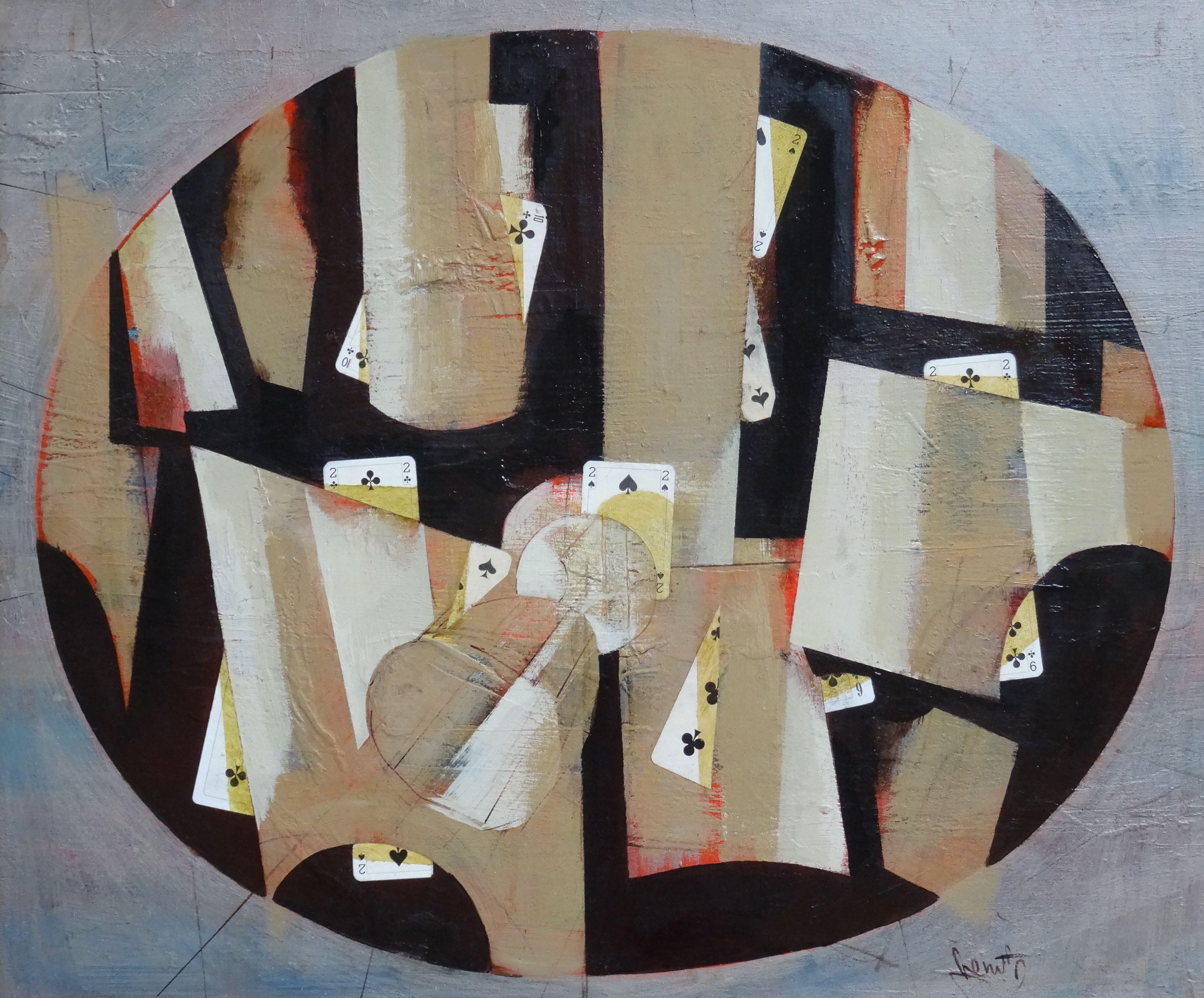 Inverted glass. 1998, oil, collage on cardboard, 45x59 cm - Painting by Janis Zemitis