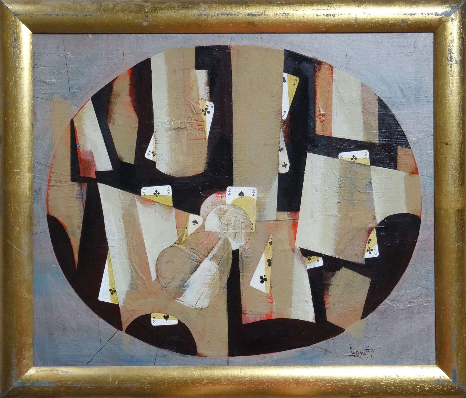 Janis Zemitis Still-Life Painting - Inverted glass. 1998, oil, collage on cardboard, 45x59 cm