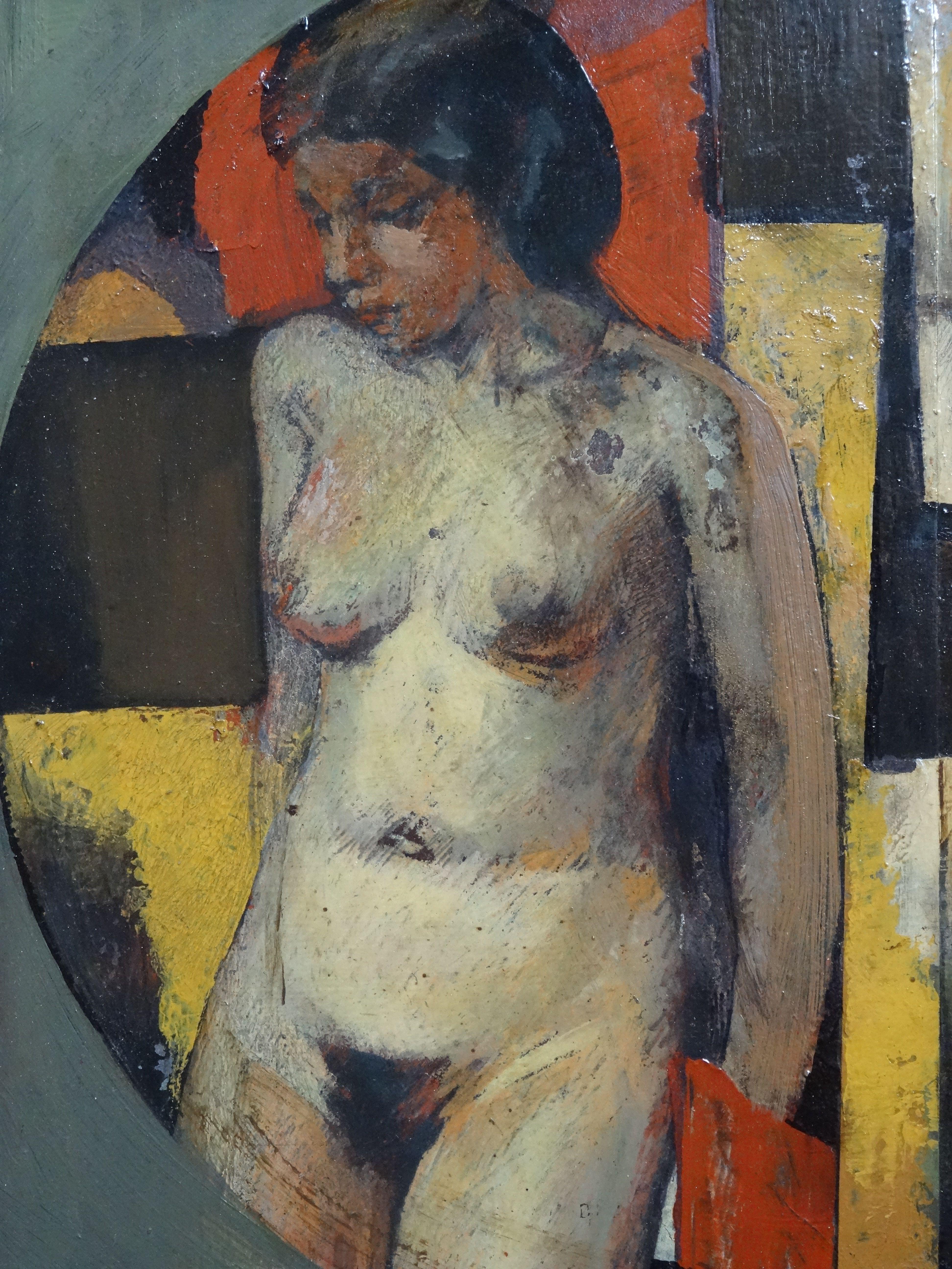 Cup of coffee. 1997, oil on cardboard, 30x38 cm - Brown Nude Painting by Janis Zemitis