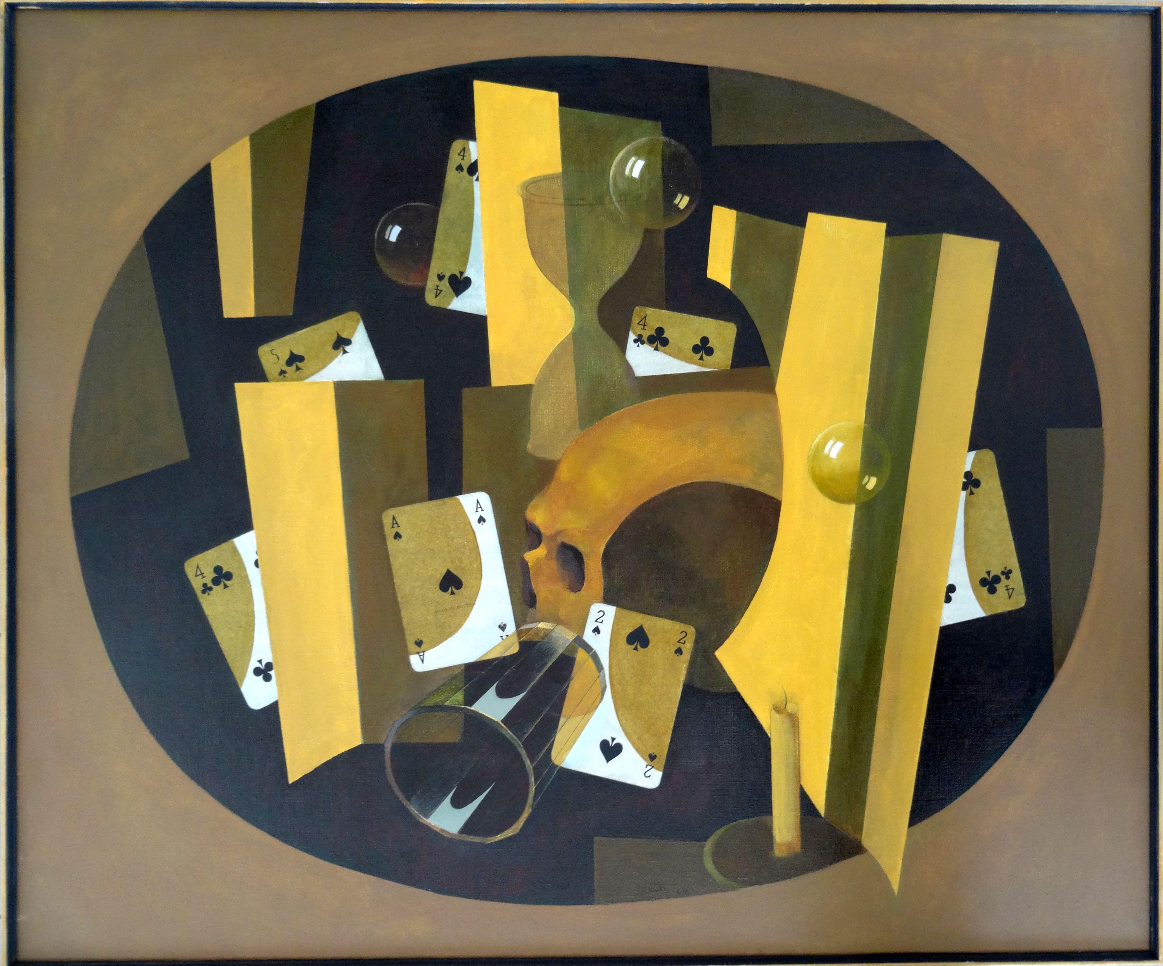 Vanita. Abstract still life with scull. 2004, oil, collage on canvas, 100x120 cm - Painting by Janis Zemitis