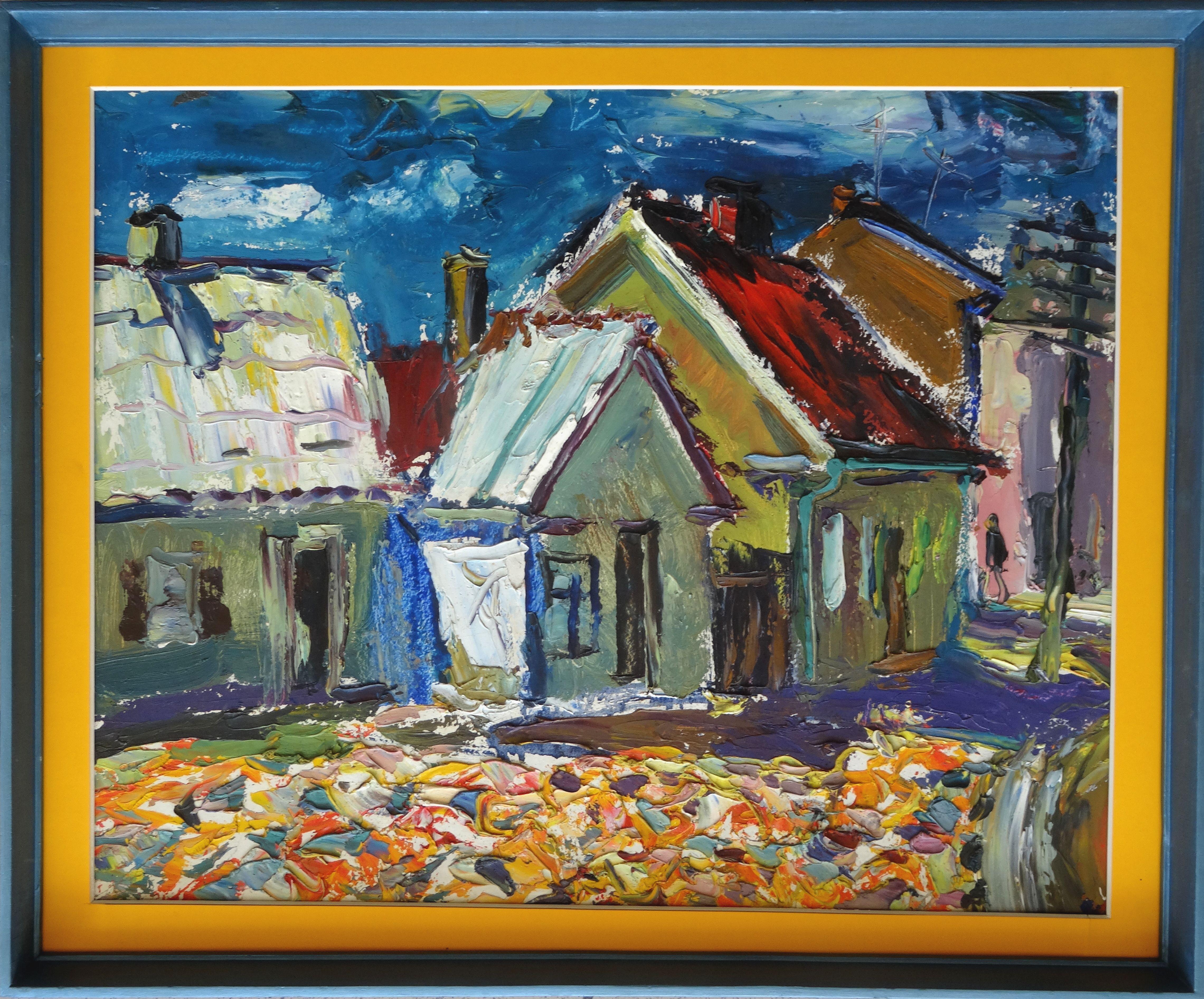 Old Town. 1980, oil on cardboard, 37x47 cm - Painting by Dzidra Bauma
