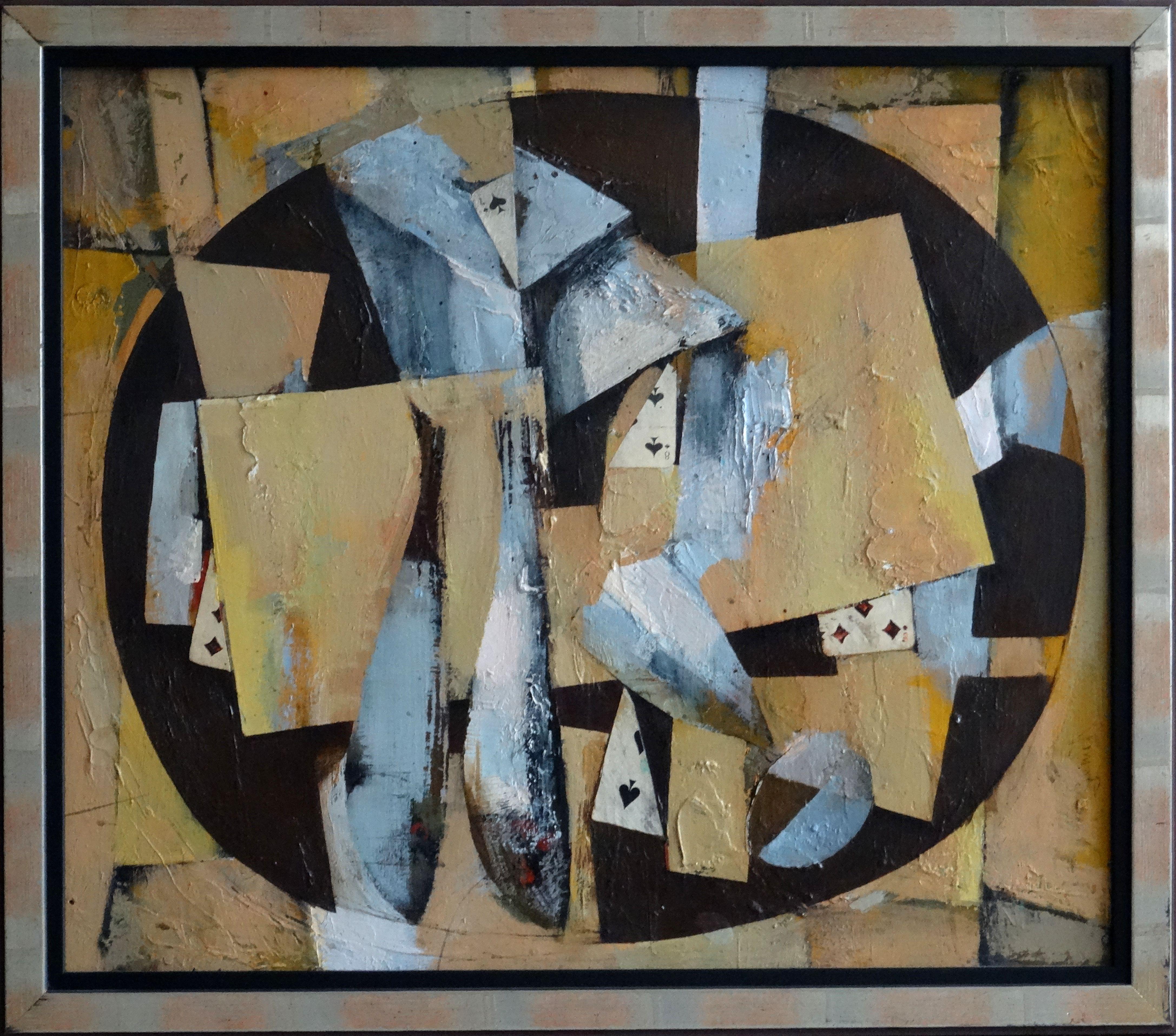 One more pause. 1994 oil on cardboard, 47x54 cm - Painting by Janis Zemitis