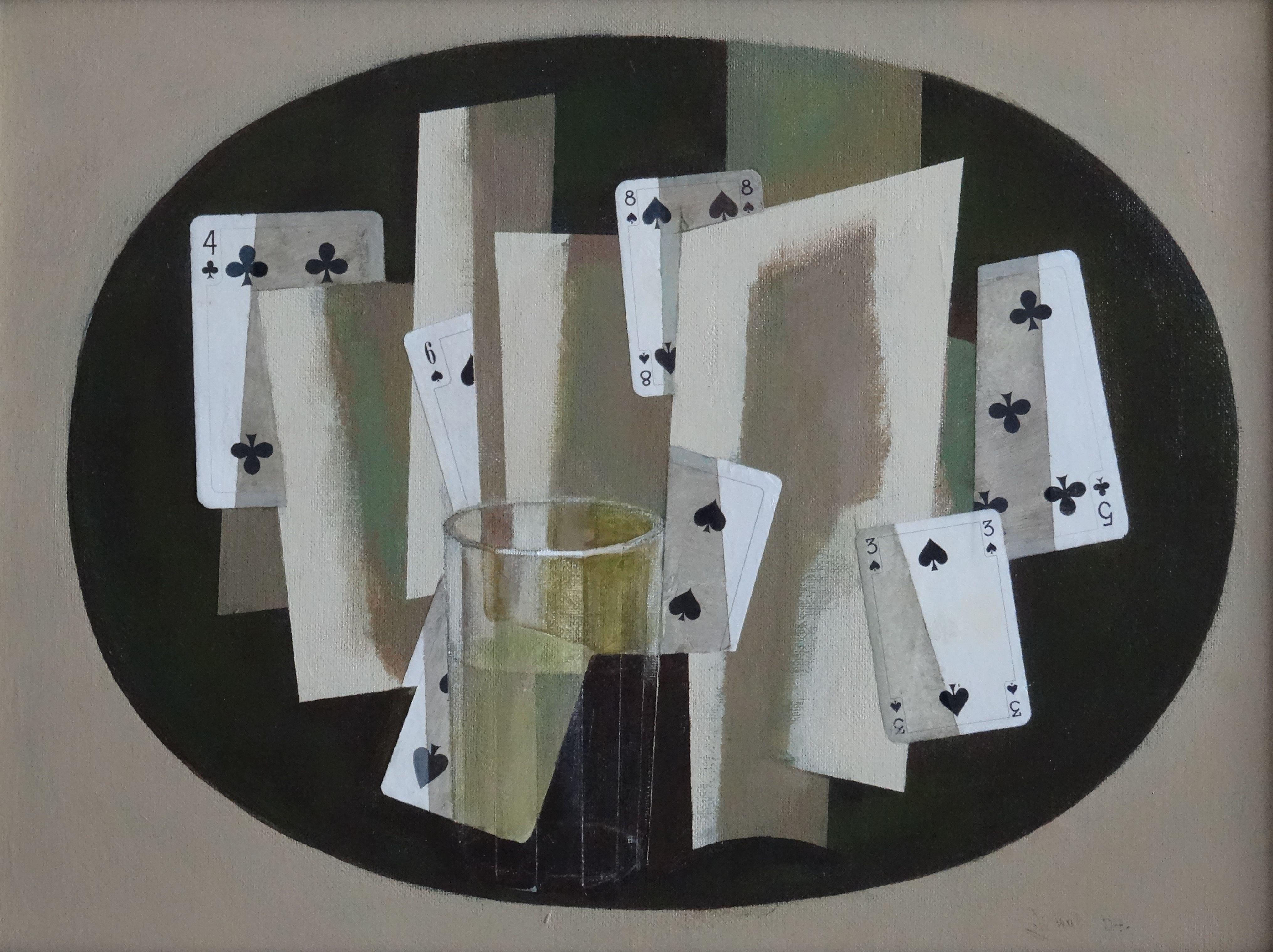 Game X. 2004, oil, collage on cardboard, 30х40 cm - Painting by Janis Zemitis
