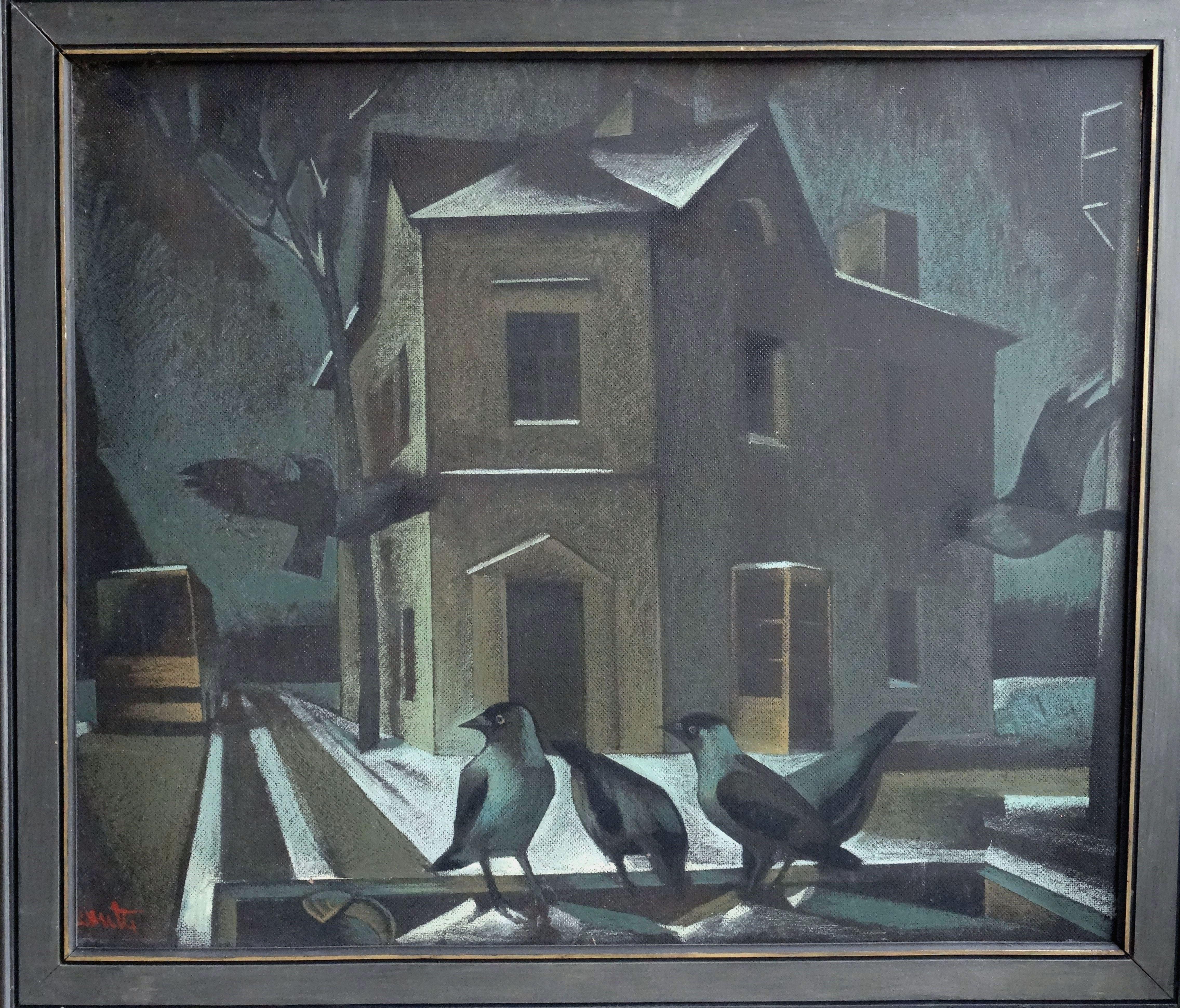 Vicino al negozio. 1987, pastello su cartone, 67x79 cm - Painting di Janis Zemitis
