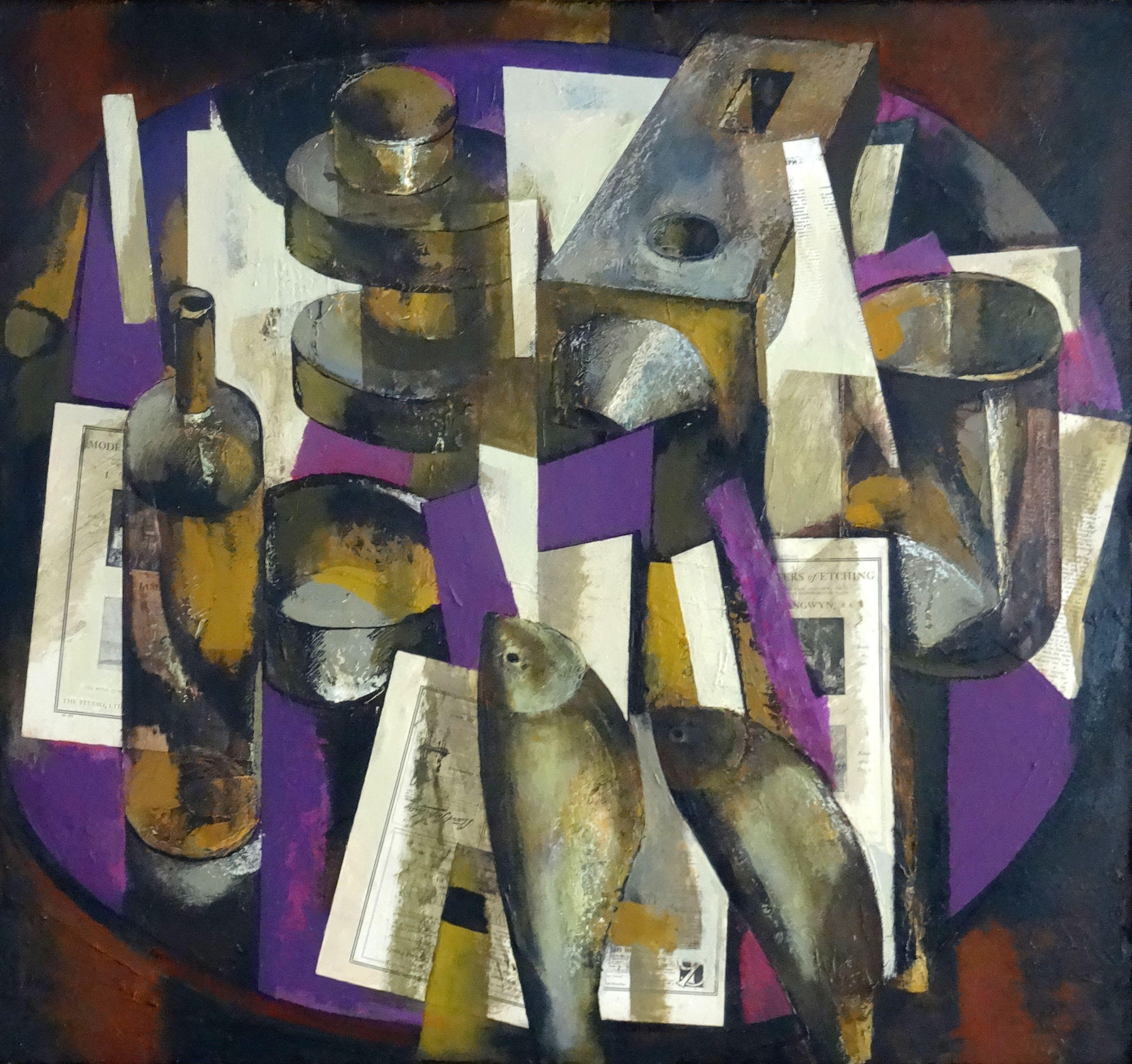 Janis Zemitis Still-Life Painting - Still life with a bottle. 1994, oil on cardboard, 93, 5 x 101 cm