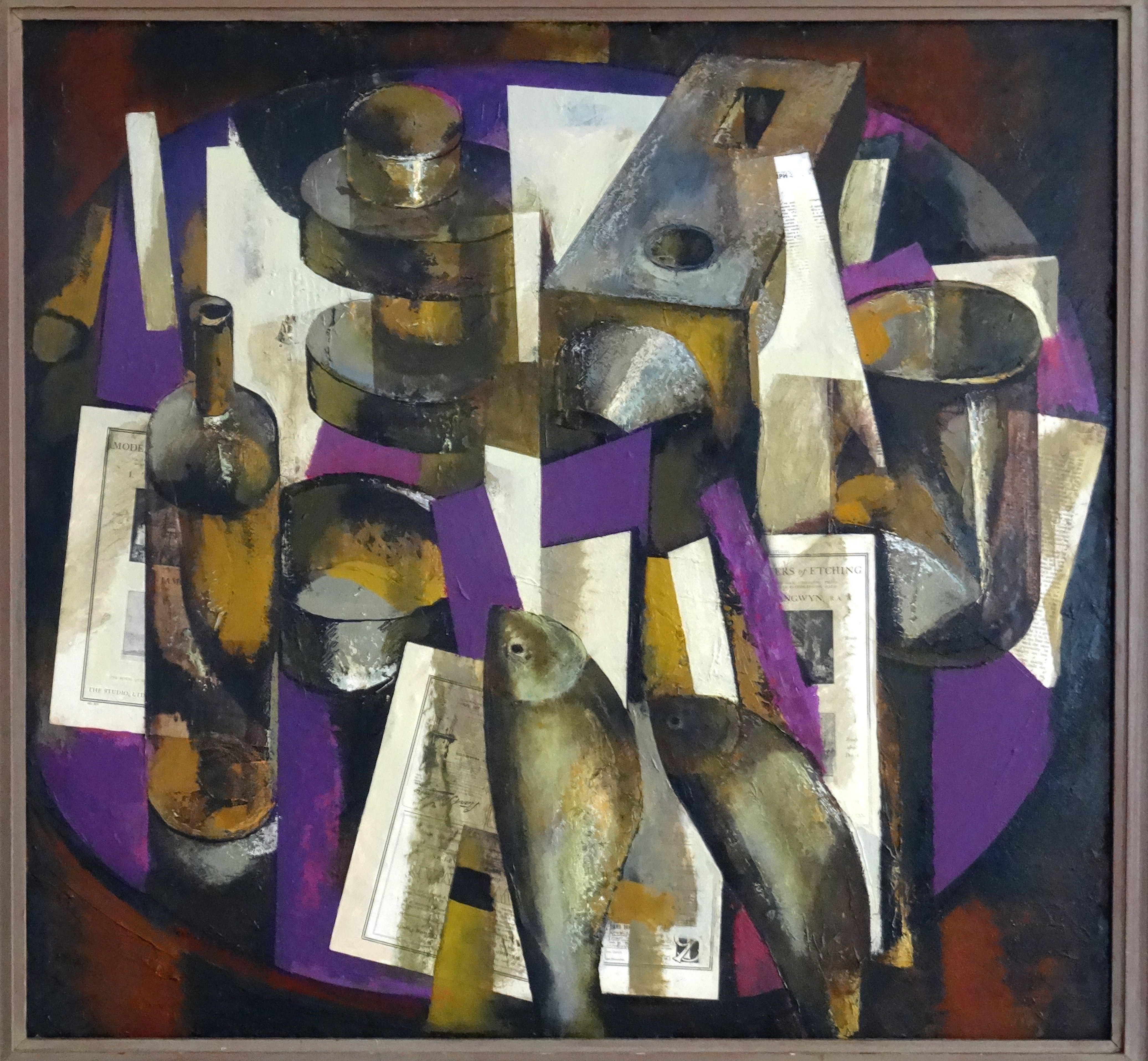 Still life with a bottle. 1994, oil on cardboard, 93, 5 x 101 cm - Painting by Janis Zemitis