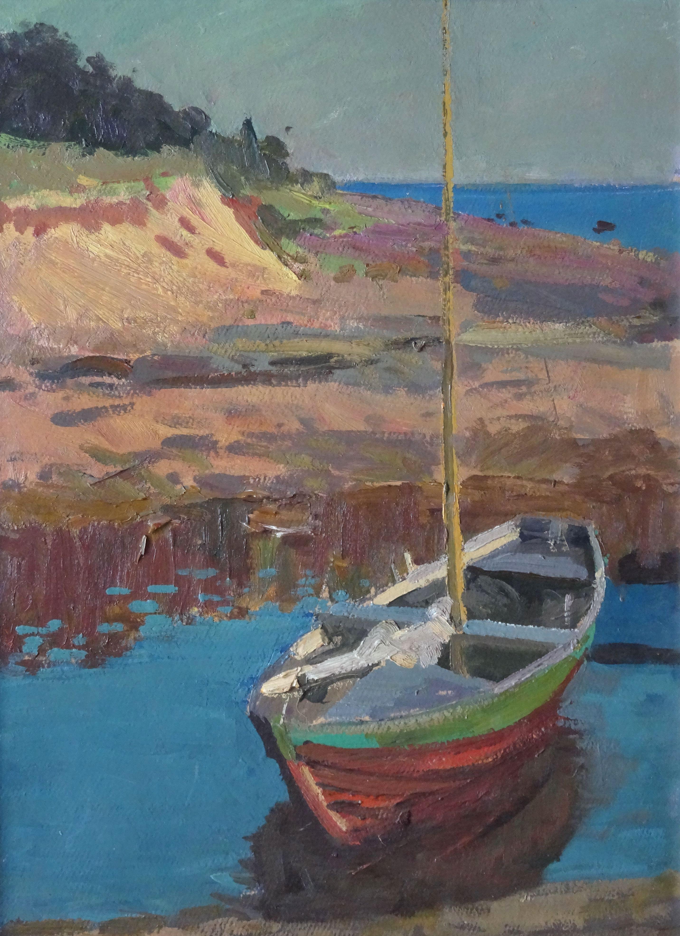 Alfejs Bromults Landscape Painting - Boat on the river bank. 1980. Oil on cardboard, 54x41 cm