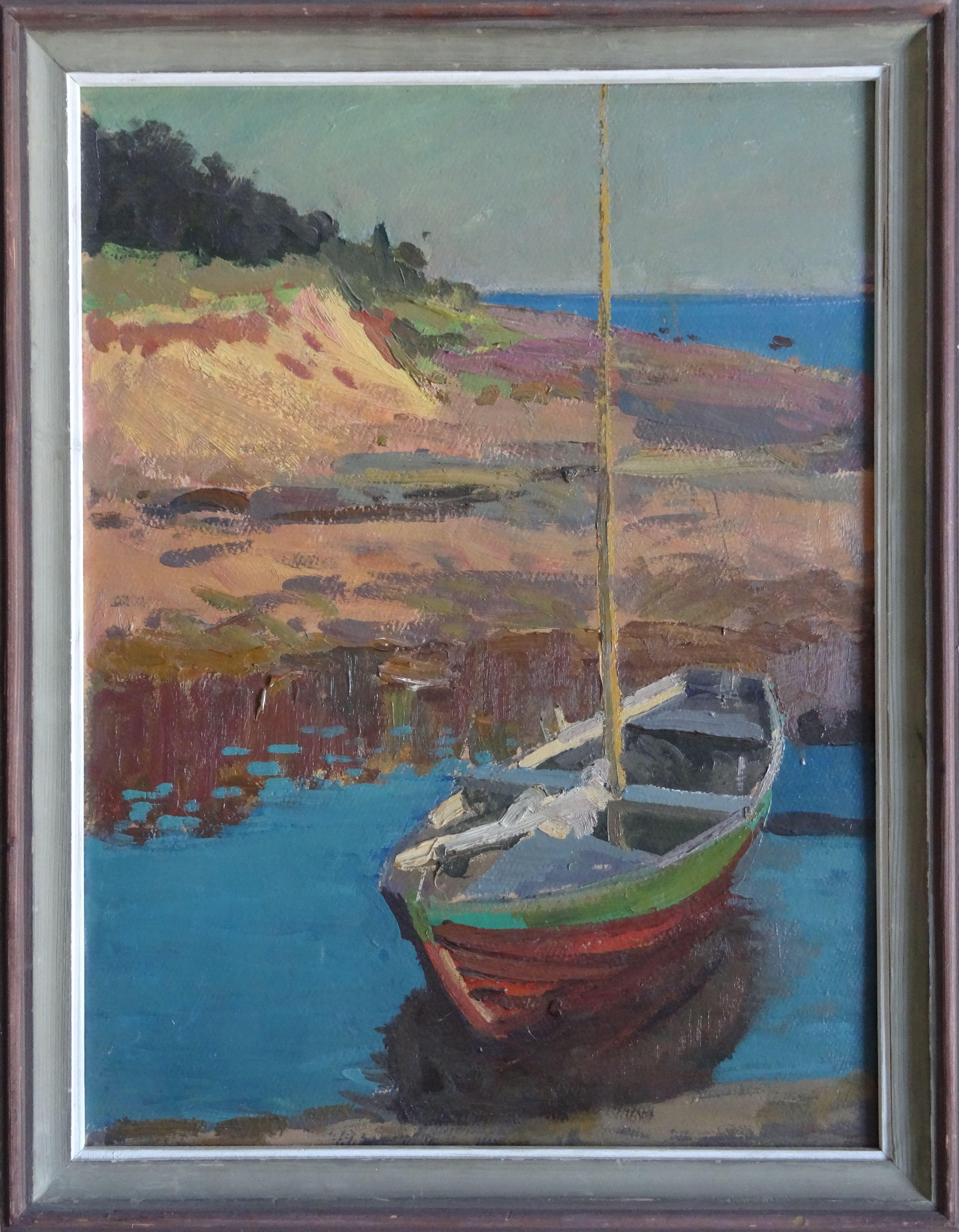 Boat on the river bank. 1980. Oil on cardboard, 54x41 cm - Painting by Alfejs Bromults