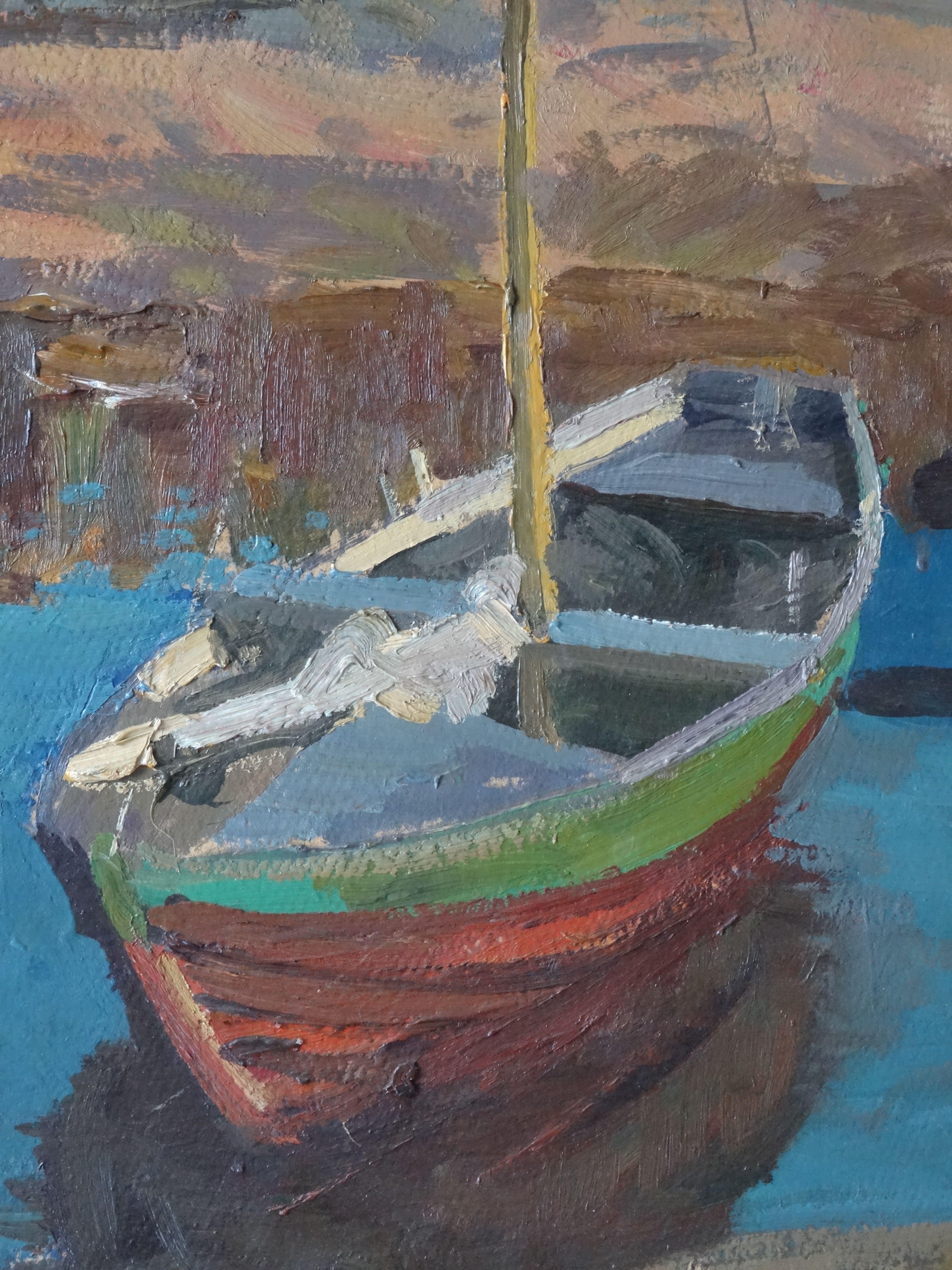 Boat on the river bank. 1980. Oil on cardboard, 54x41 cm - Gray Landscape Painting by Alfejs Bromults