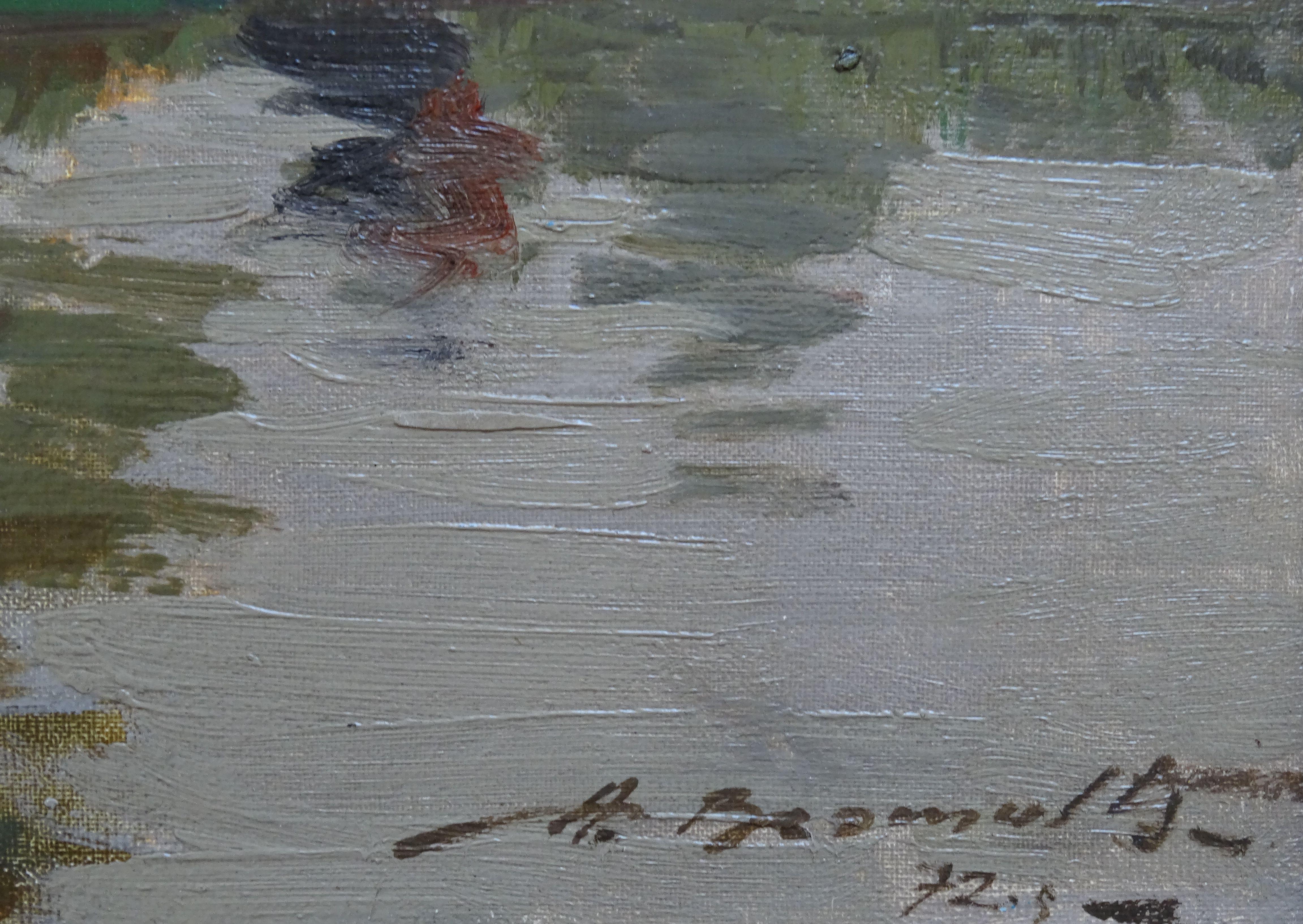Le rivage du lac. 1972, huile sur carton, 30x35 cm - Réalisme Painting par Alfejs Bromults