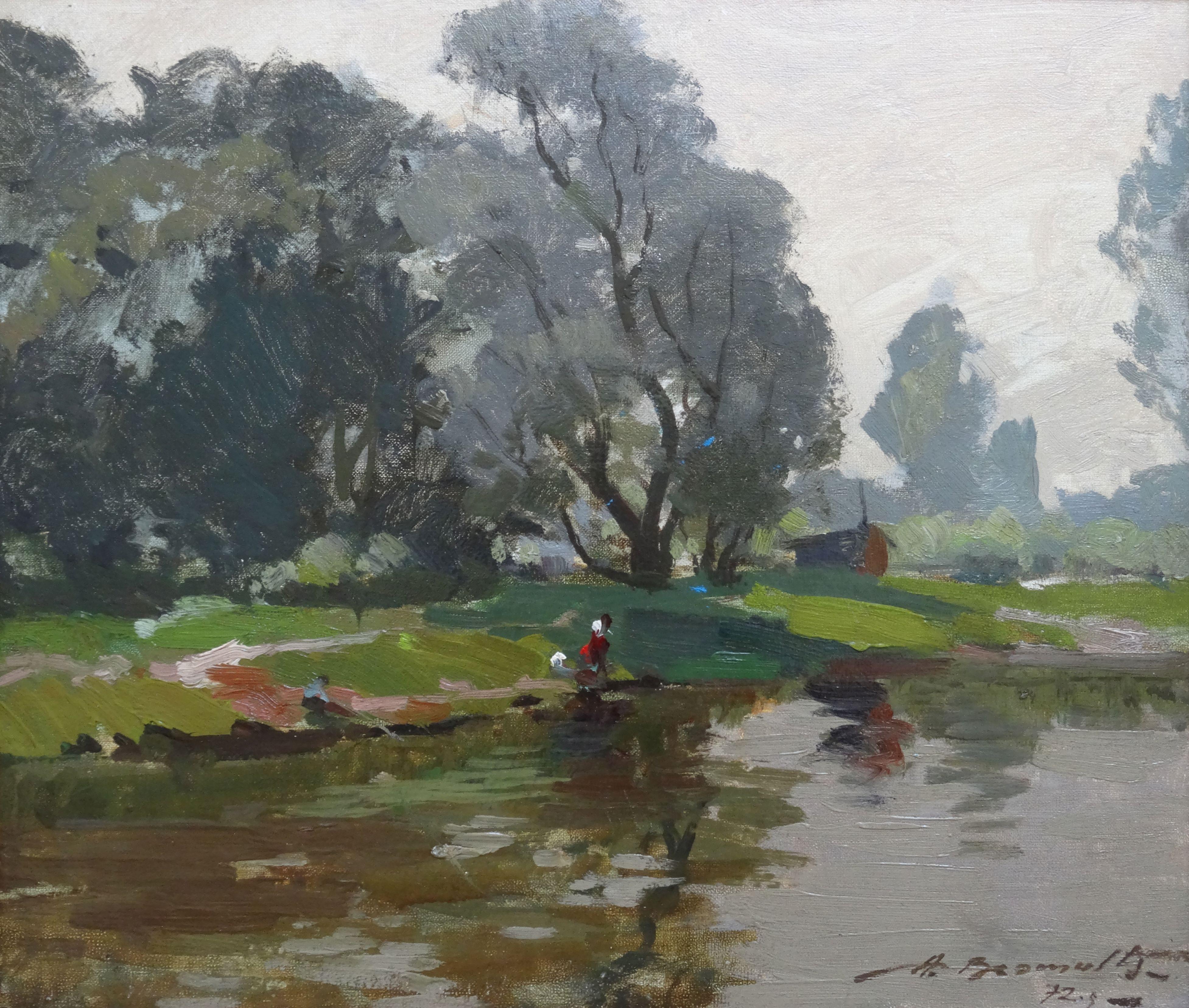 Landscape Painting Alfejs Bromults - Le rivage du lac. 1972, huile sur carton, 30x35 cm
