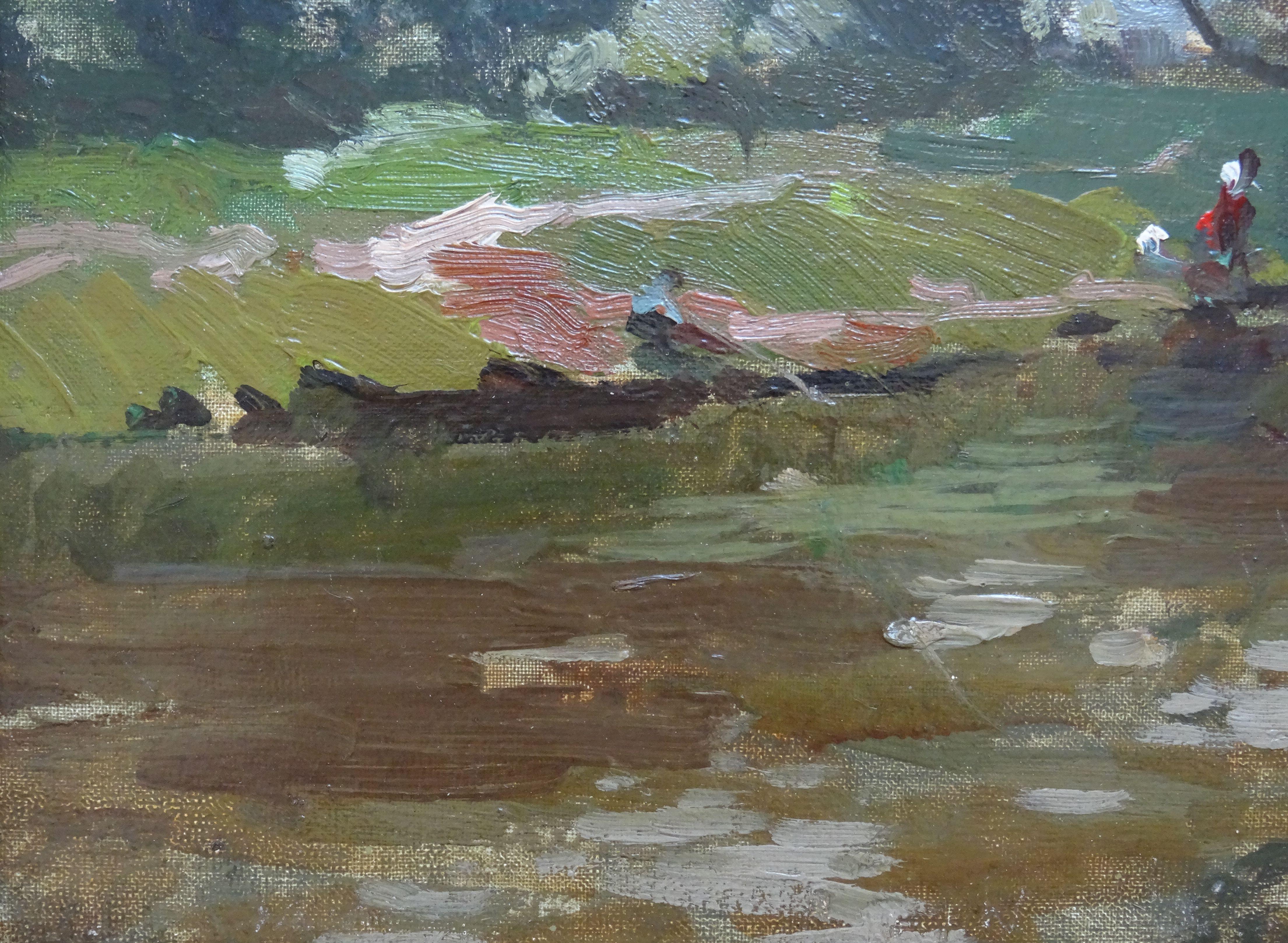 La riva del lago. 1972, olio su cartone, 30x35 cm in vendita 2