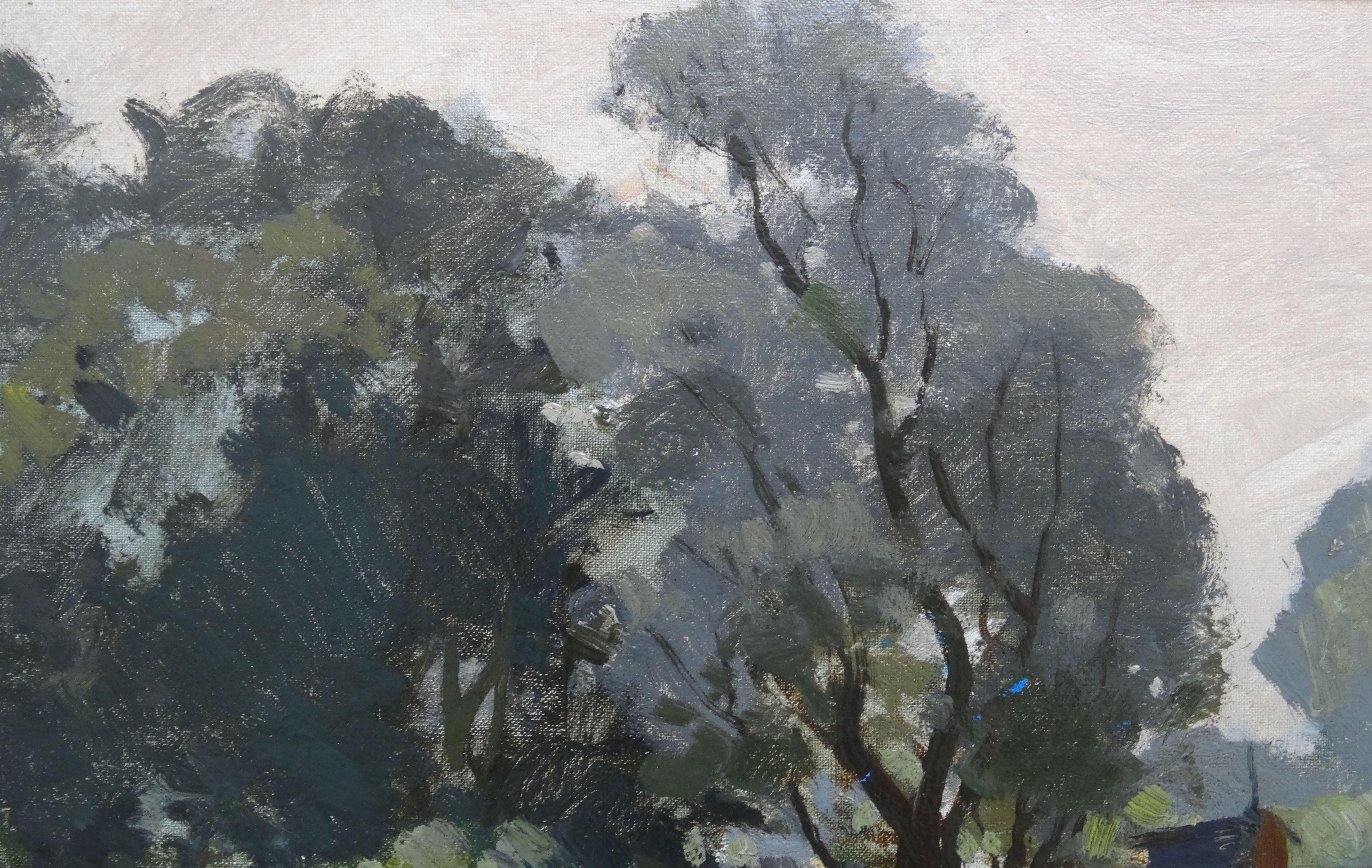 La riva del lago. 1972, olio su cartone, 30x35 cm in vendita 1