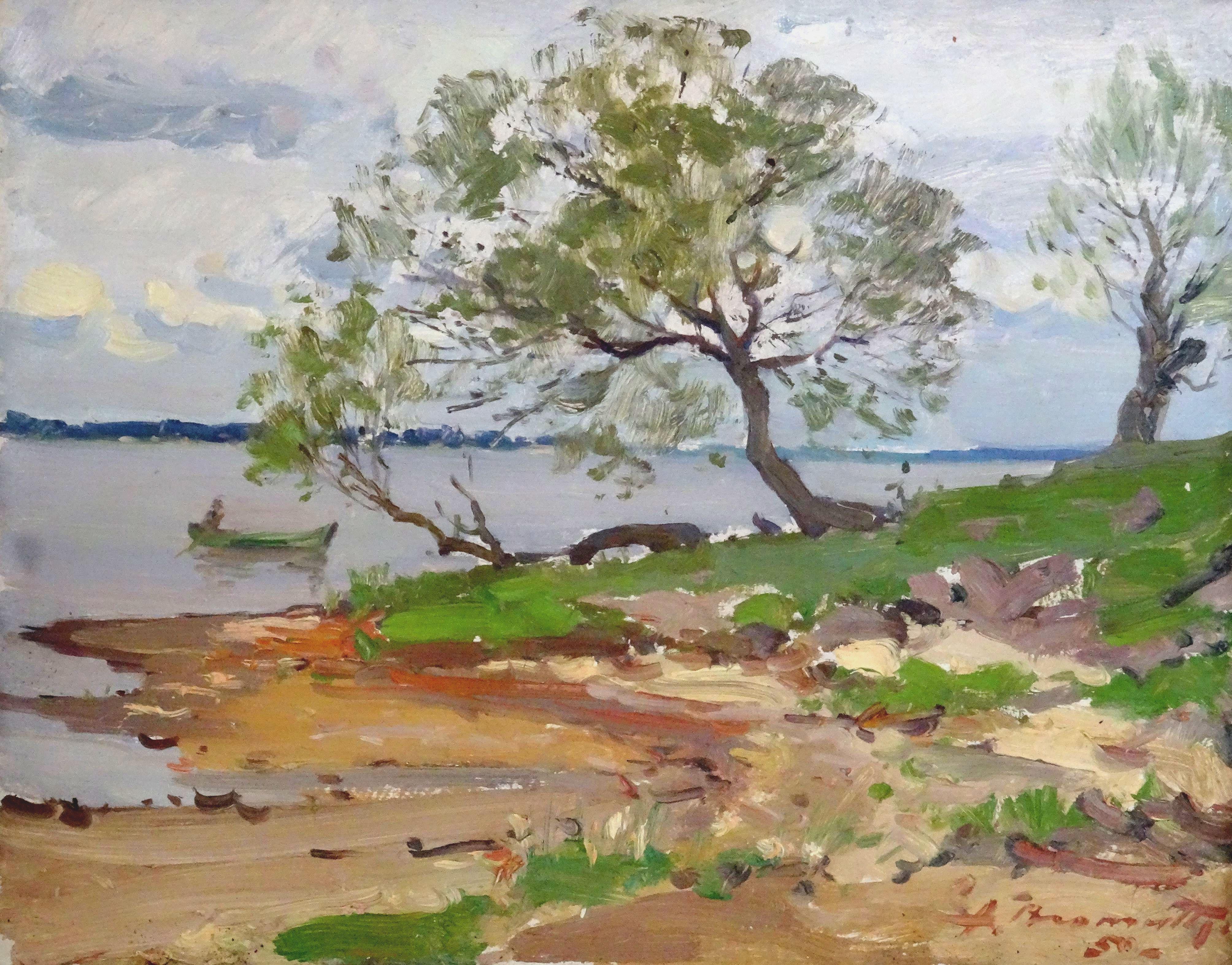 Alfejs Bromults Landscape Painting - Daugava river. 1950, oil on cardboard, 46x37 cm