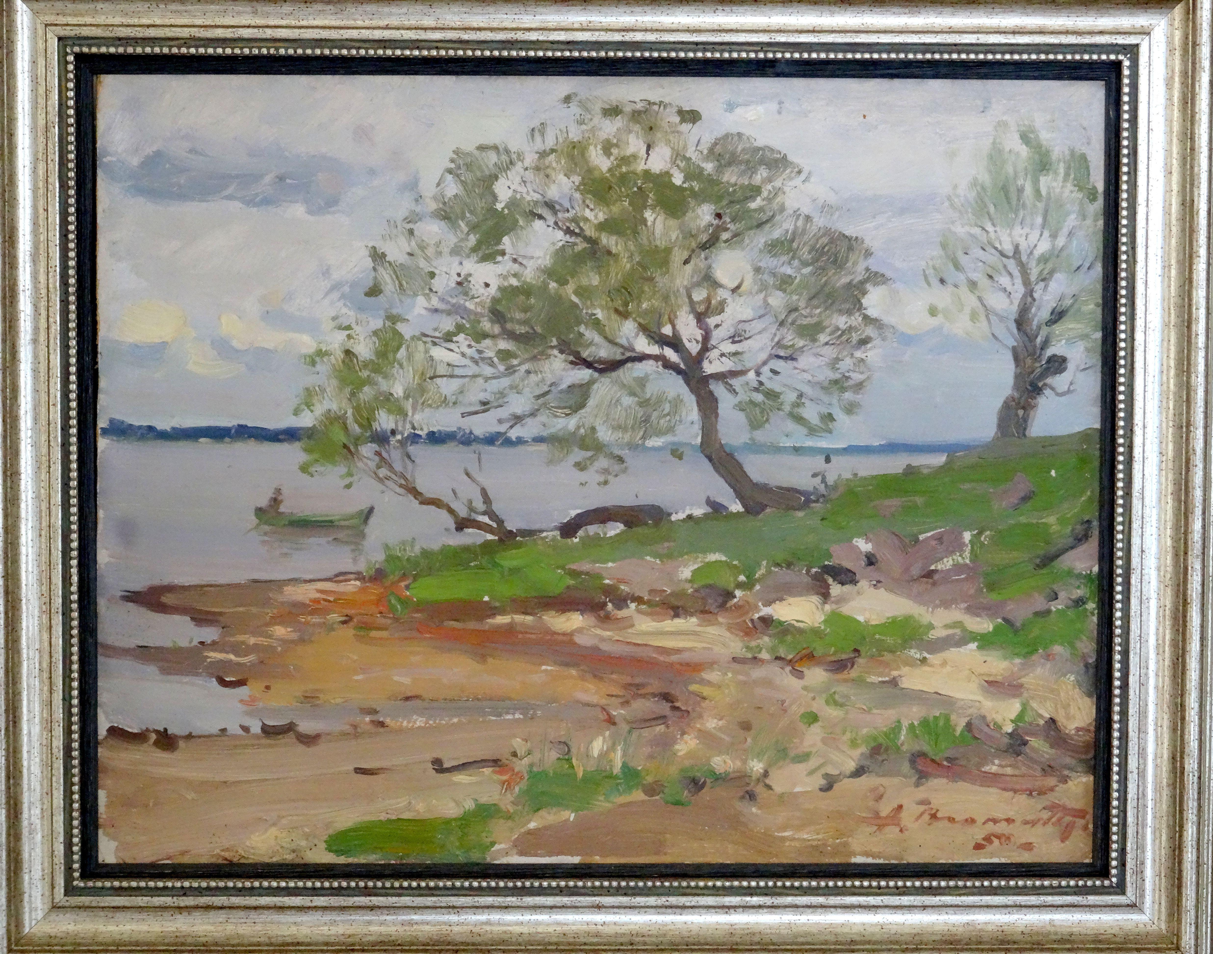 Daugava river. 1950, oil on cardboard, 46x37 cm - Painting by Alfejs Bromults