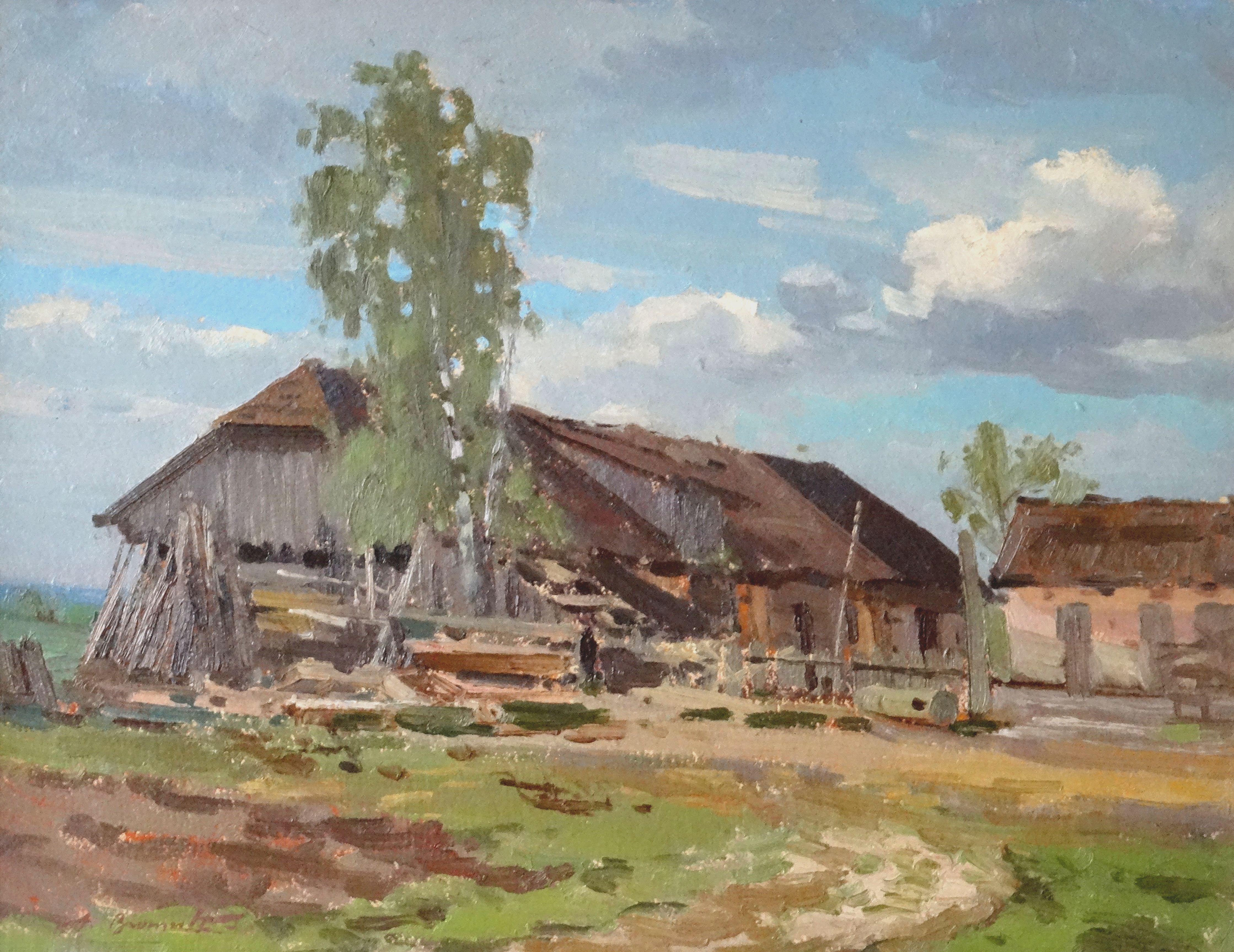 Alfejs Bromults Landscape Painting - In village courtyard. 1976, cardboard, oil, 43x65 cm