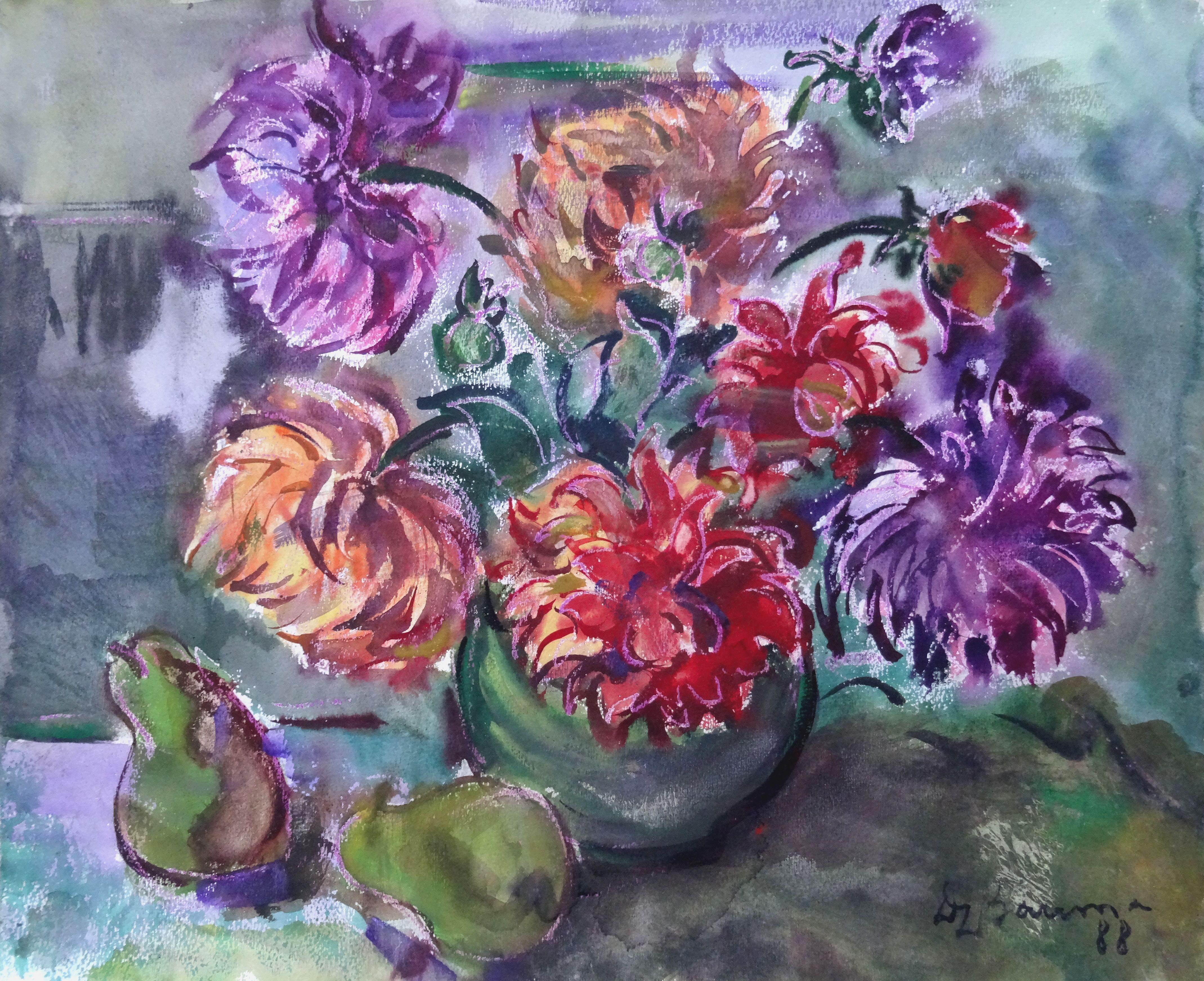 Still life with dahlias and pears. 1988. Paper, watercolor, 50.5x62.5 cm
