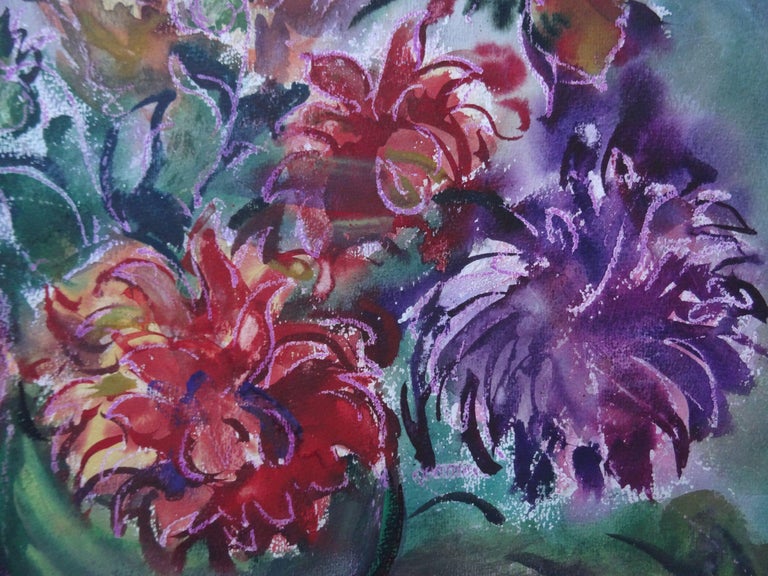 Still life with dahlias and pears. 1988. Paper, watercolor, 50.5x62.5 cm - Expressionist Painting by Dzidra Bauma