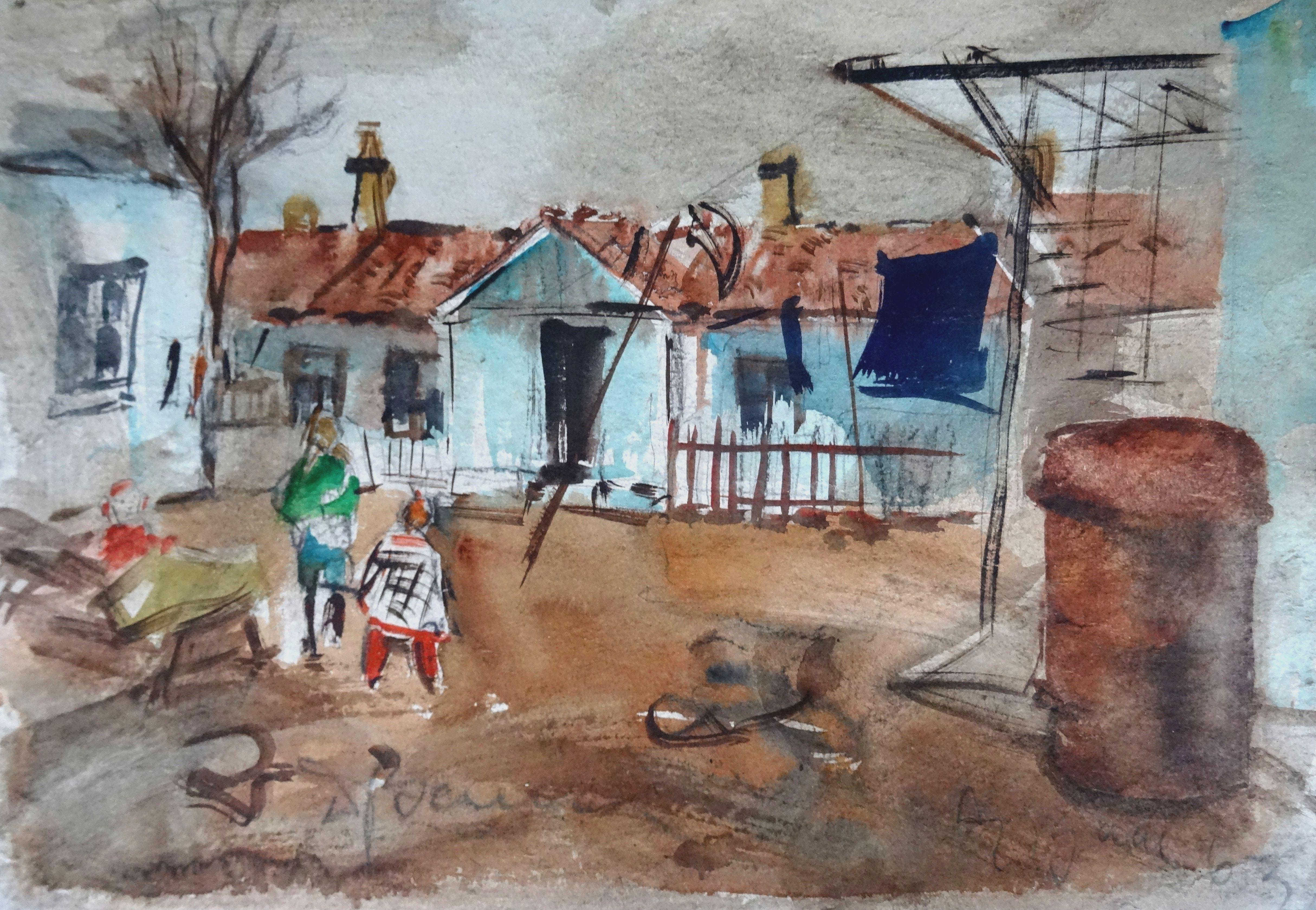 Dzidra Bauma Figurative Painting - Suburb. 1963, watercolor on paper, 27x38 cm