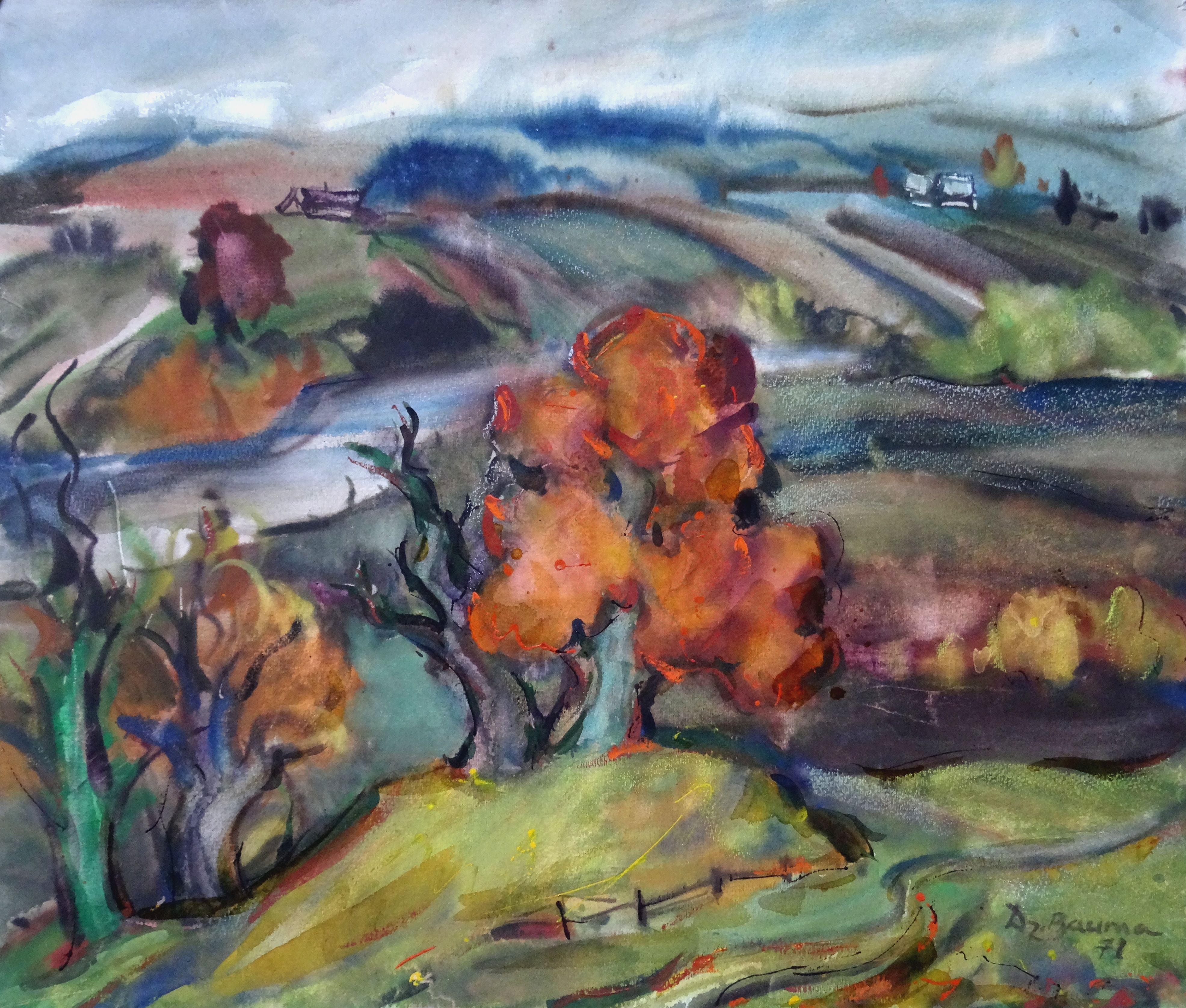 Dzidra Bauma Landscape Painting - Autumn landscape. 1978. Paper, watercolor, 53x62 cm