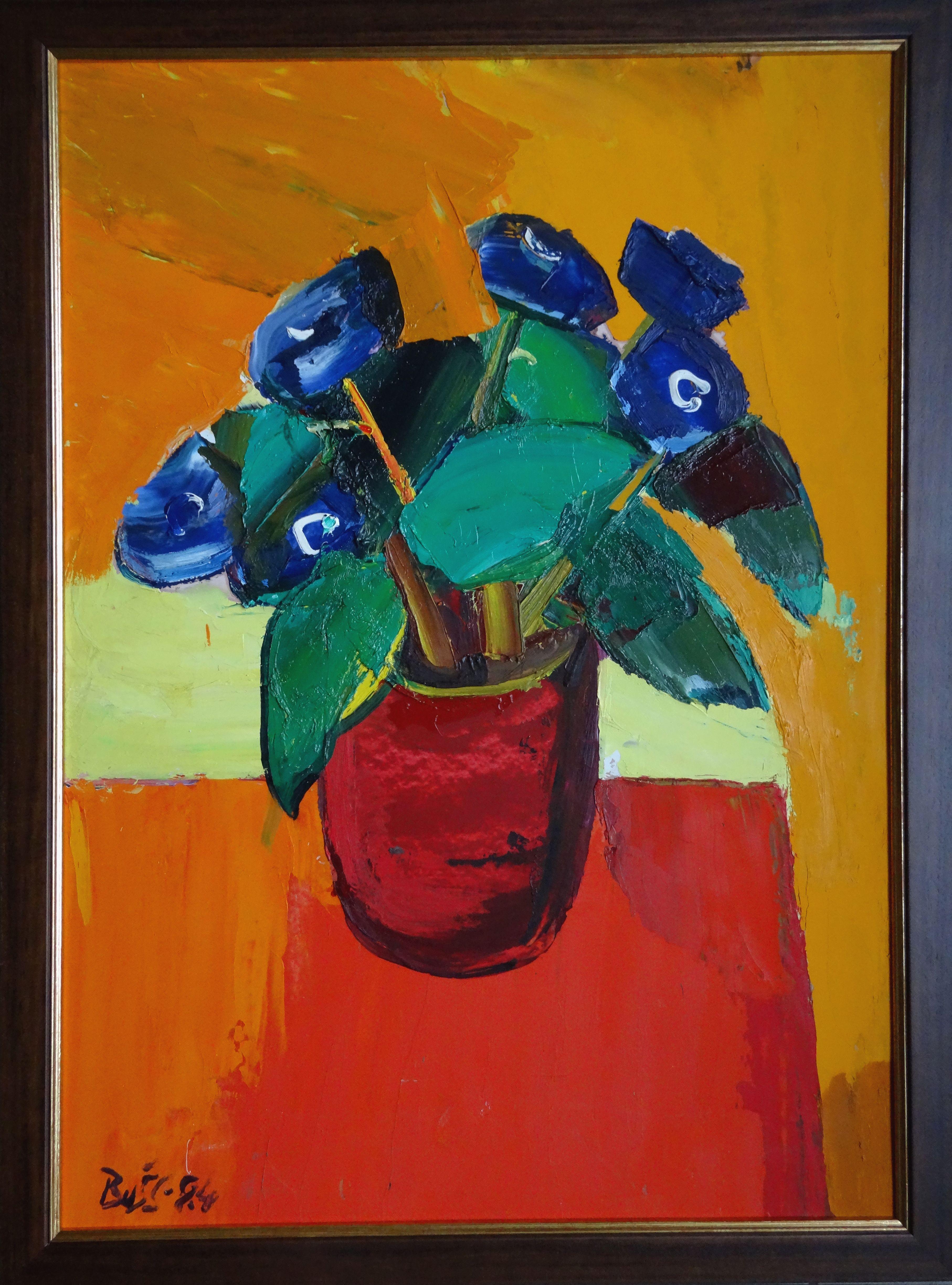 Spring flowers. 1984, oil on cardboard, 70x50 cm - Painting by Valdis Bush