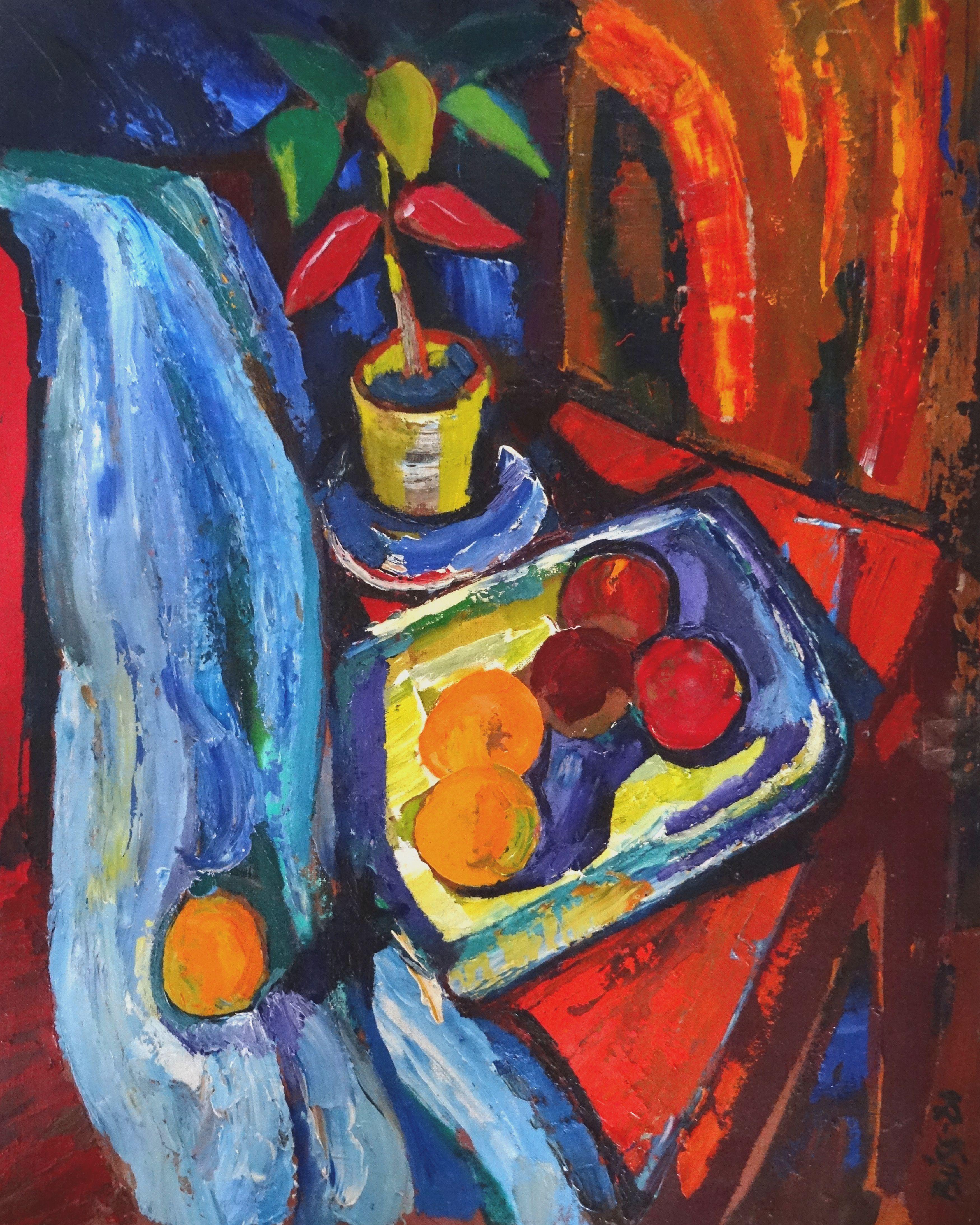 Valdis Bush Still-Life Painting - Still life with blue drapery and fruits. 1980, oil on cardboard, 100x81 cm