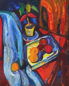Still life with blue drapery and fruits. 1980, oil on cardboard, 100x81 cm