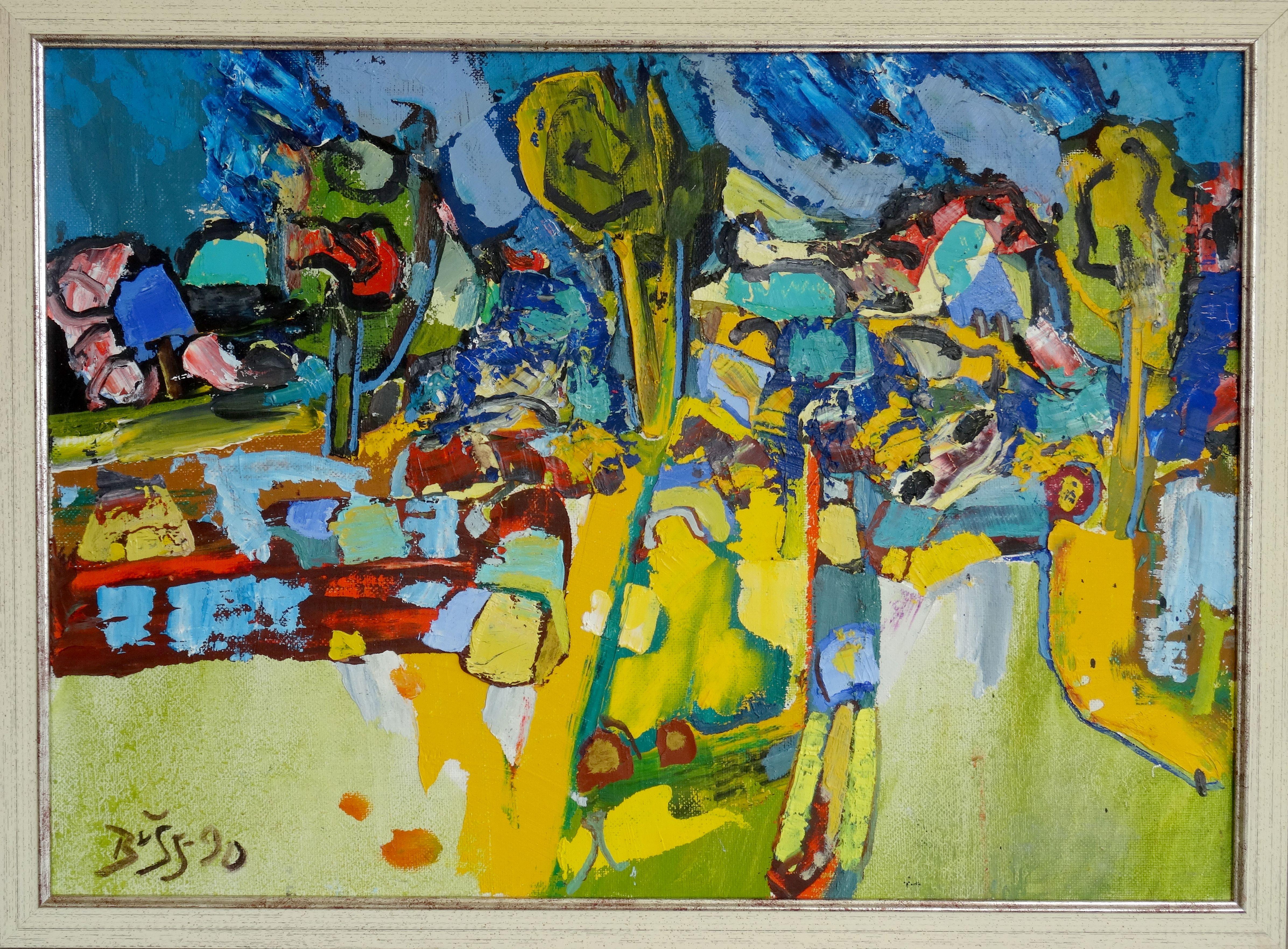 Pueblo. 1990. Óleo sobre lienzo, cartón, 50x70 cm - Painting de Valdis Bush