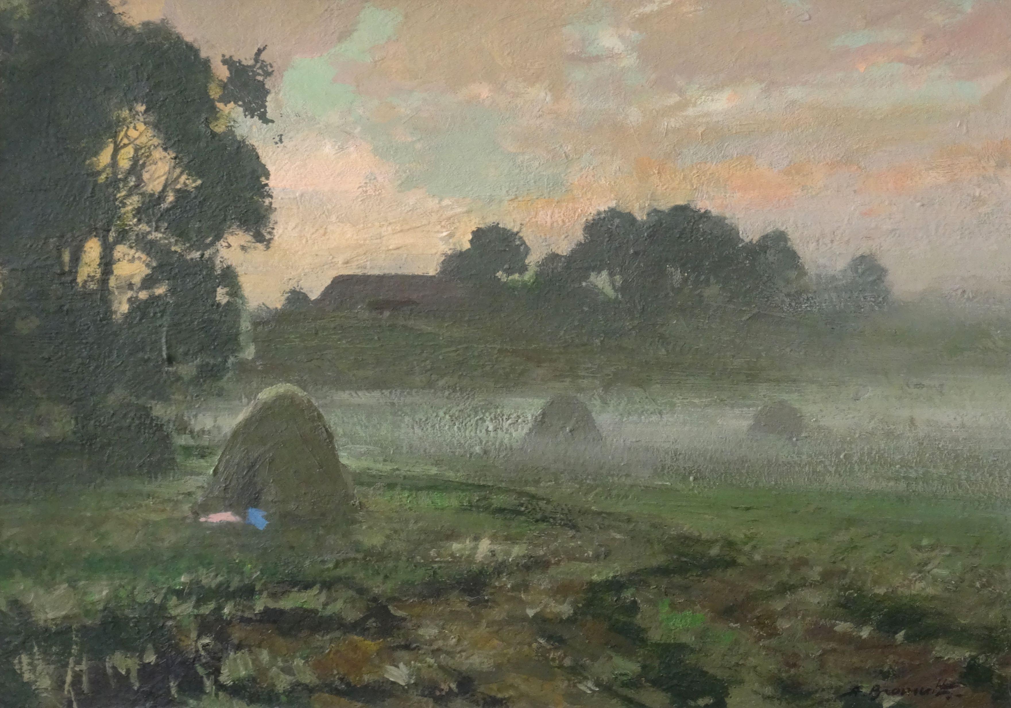Alfejs Bromults Landscape Painting - Morning fog. 1975., cardboard, oil, 49x69 cm