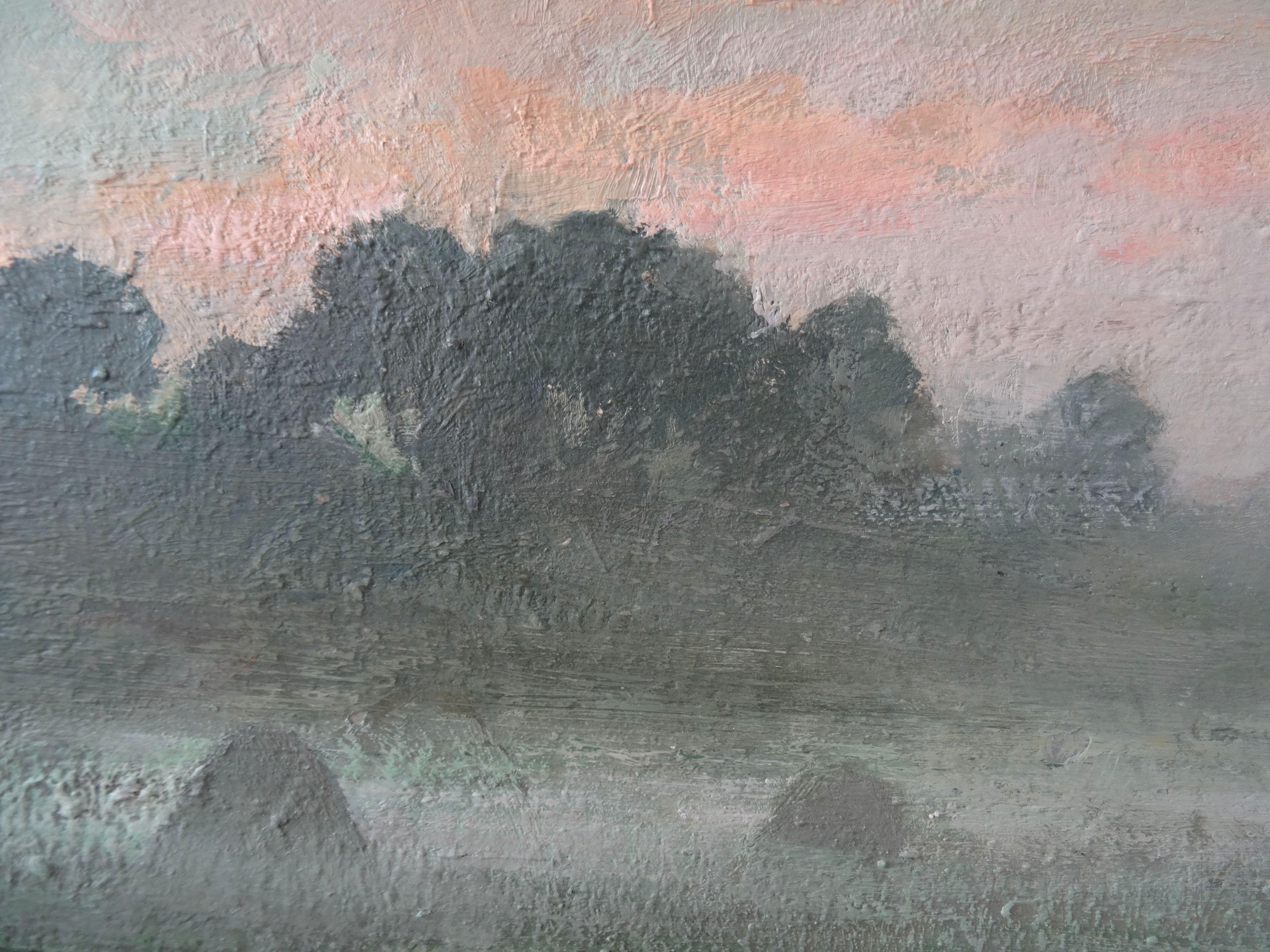 Morning fog. 1975., cardboard, oil, 49x69 cm
Realistic early morning landscape in the village with haystacks in the fog

Alfejs Bromults (1913.3.IV - 1991.11.I)

His first professional education was at National University at studies to R.Suta, J.