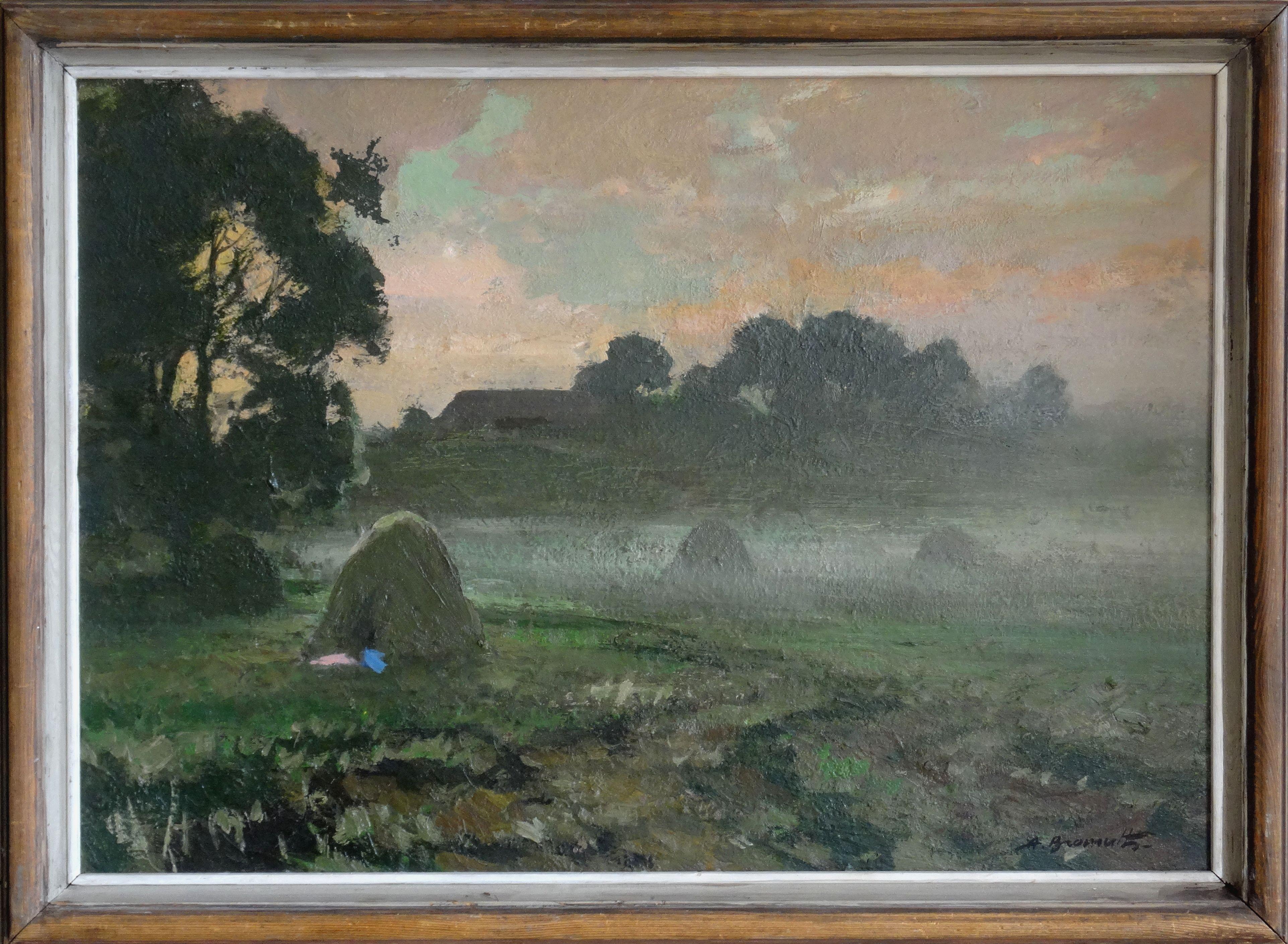 Morning fog. 1975., cardboard, oil, 49x69 cm - Painting by Alfejs Bromults
